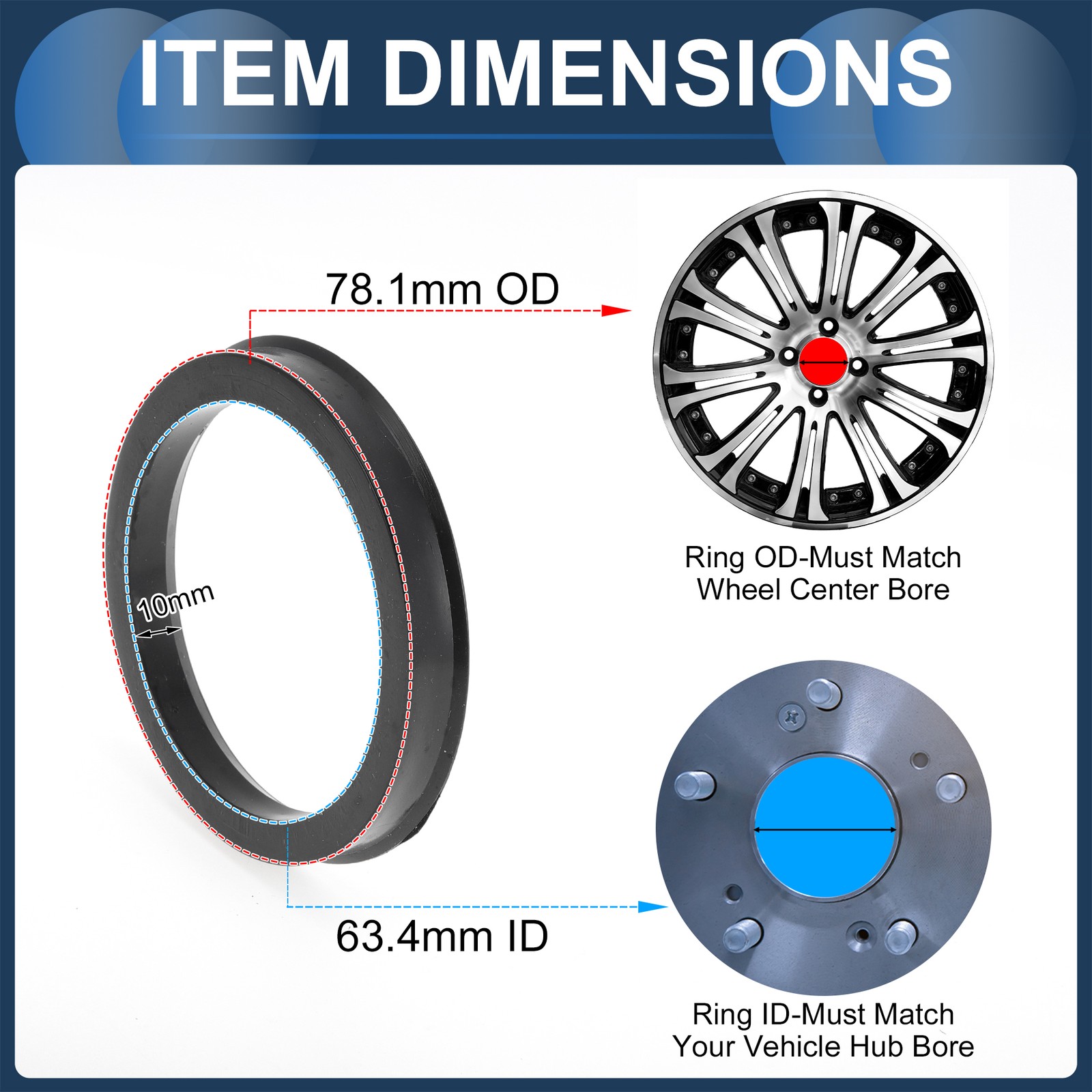 78.1mm to 63.4mm Car Wheel Hub Centric Rings Black Polycarbonate 4 Pcs