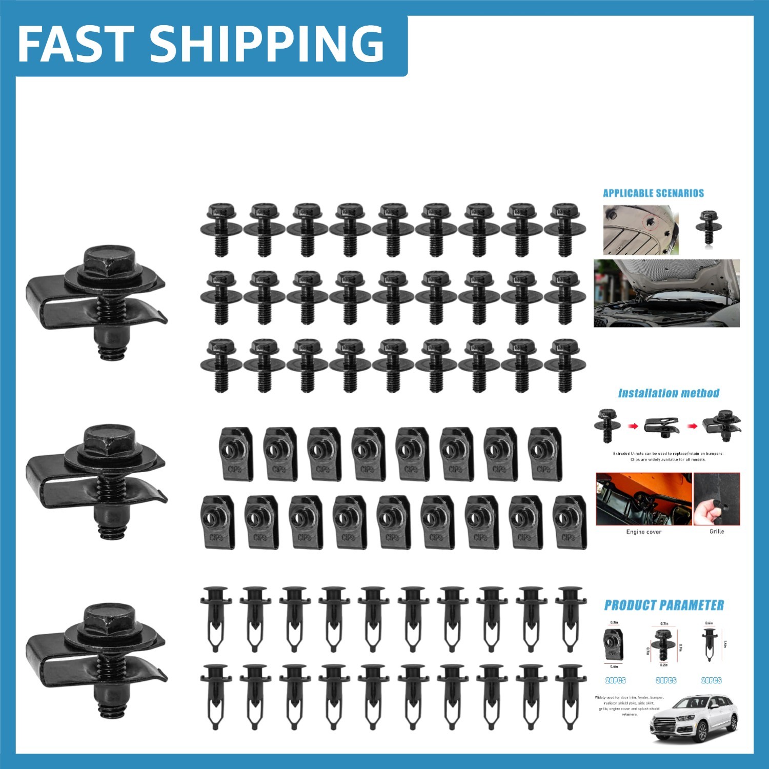 70 PCS Car Fasteners Kit – Metal Screws, U-Clips & Rivet Clips for Repairs