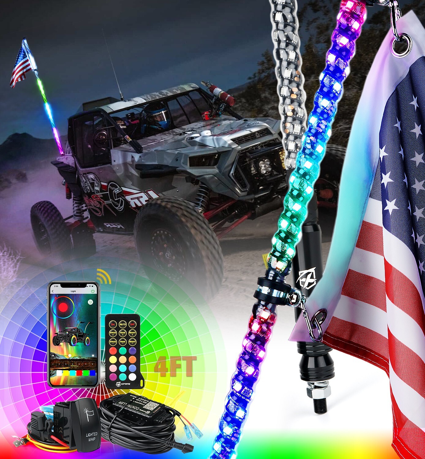 Xprite 4ft LED RGB Whip Lights Flag Pole App control for UTV Polaris RZR YAMAHA