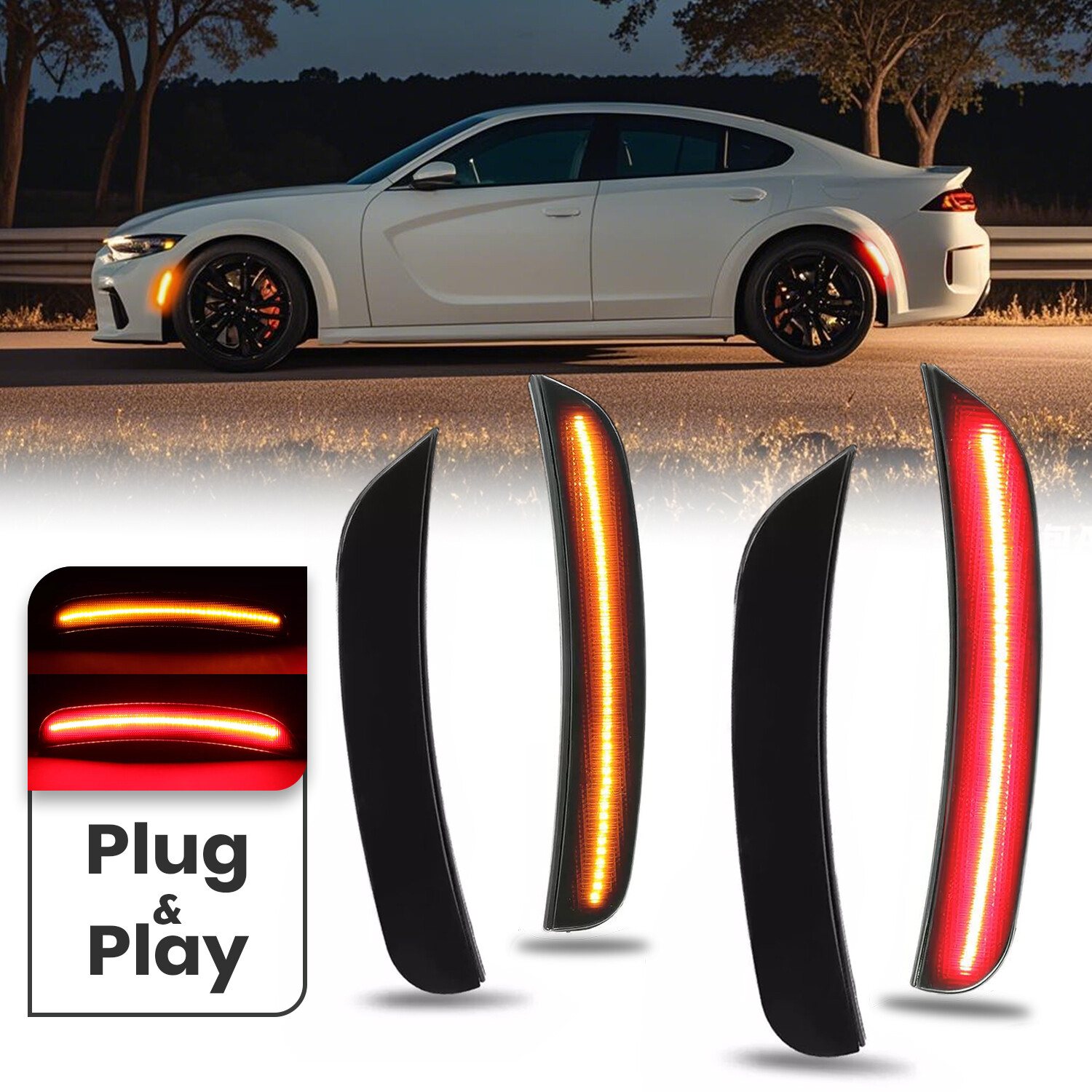 LED Rear Red & Front Amber Bumper Side Marker Lights For 2015-2023 Dodge Charger