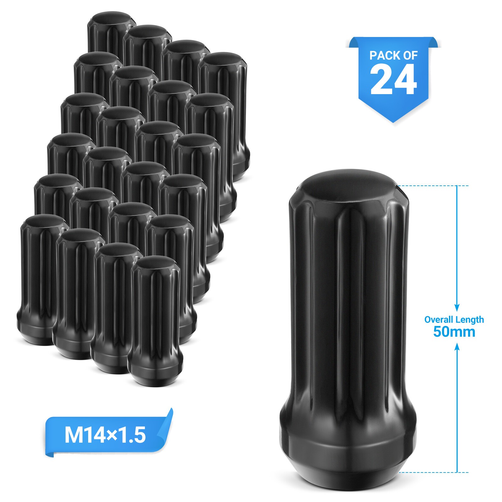 Set of 24 Black M14x1.5 Spline Lug Nuts Fits Chevy GMC Silverado Sierra 1500