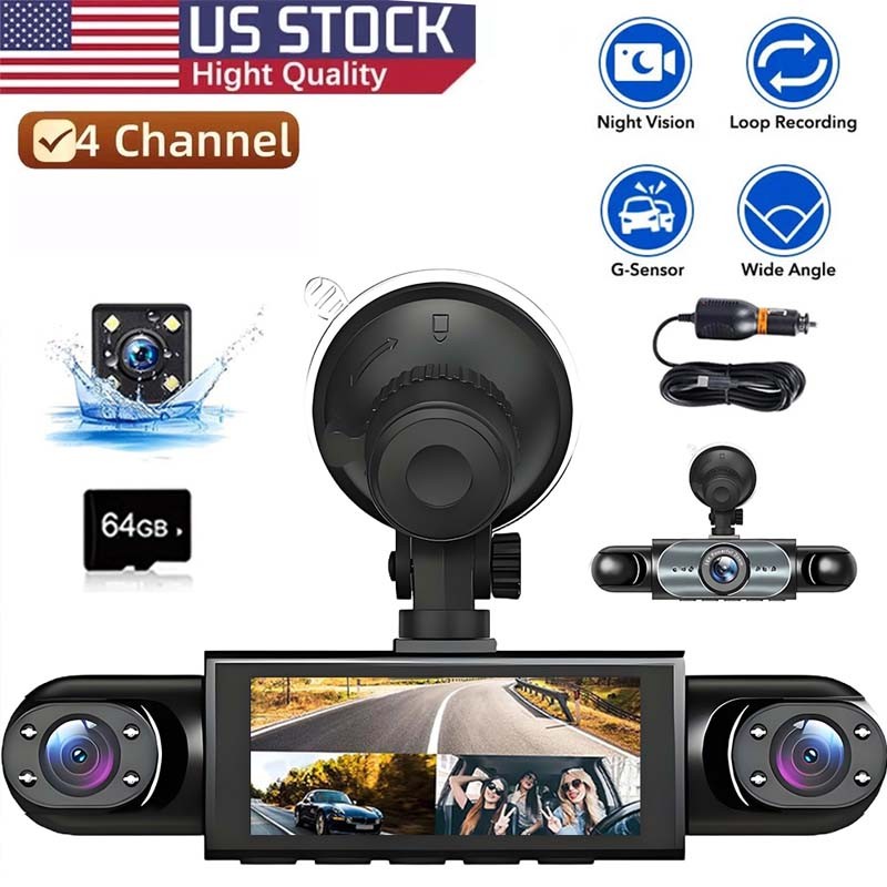 360° 4 Channel HD 1080P Car Dash Cam Front and Rear Inside Left Right + Camera