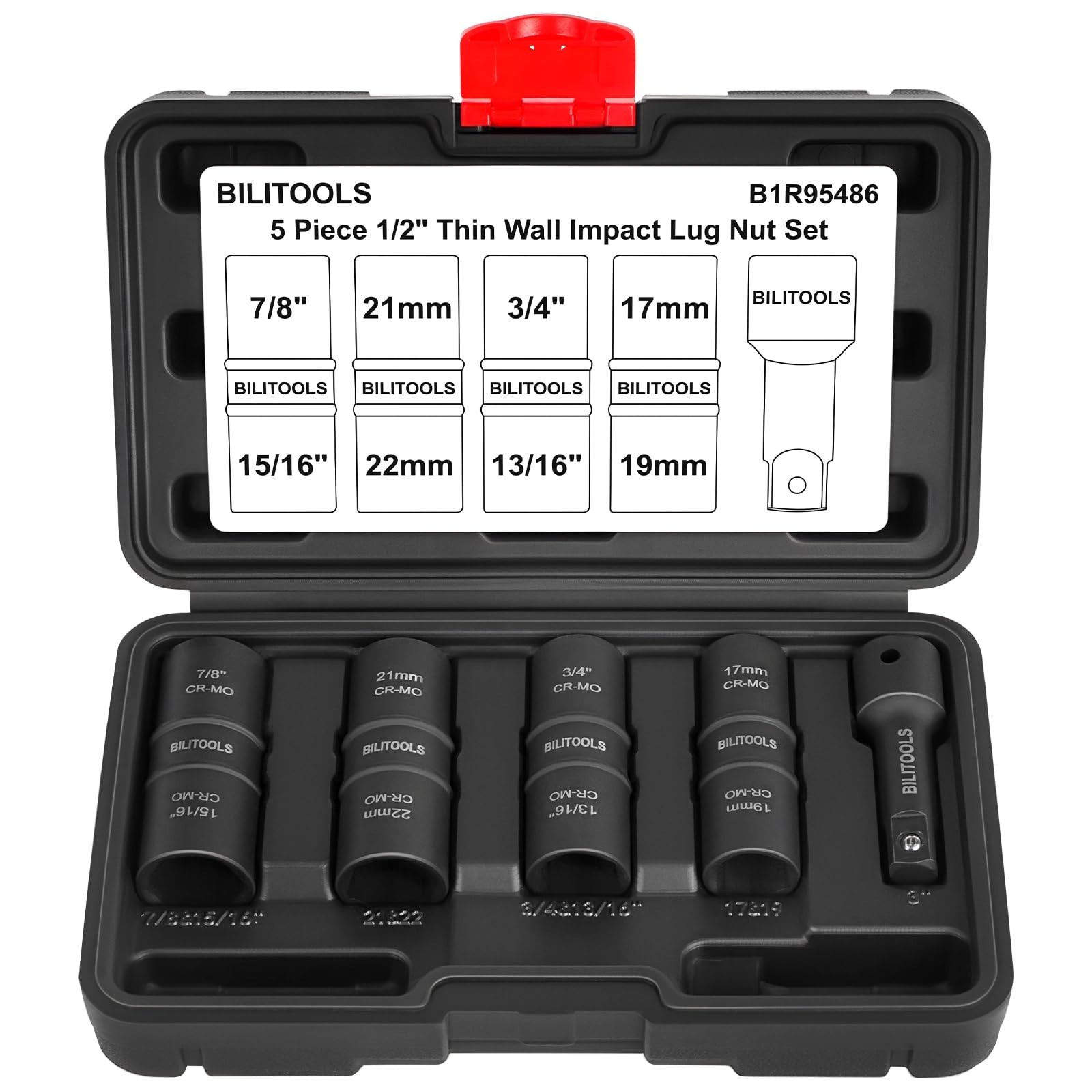 Lug Nut Socket Set 1/2″ Drive Non-Marring Impact Flip Thin Wall Metric & SAE 17-