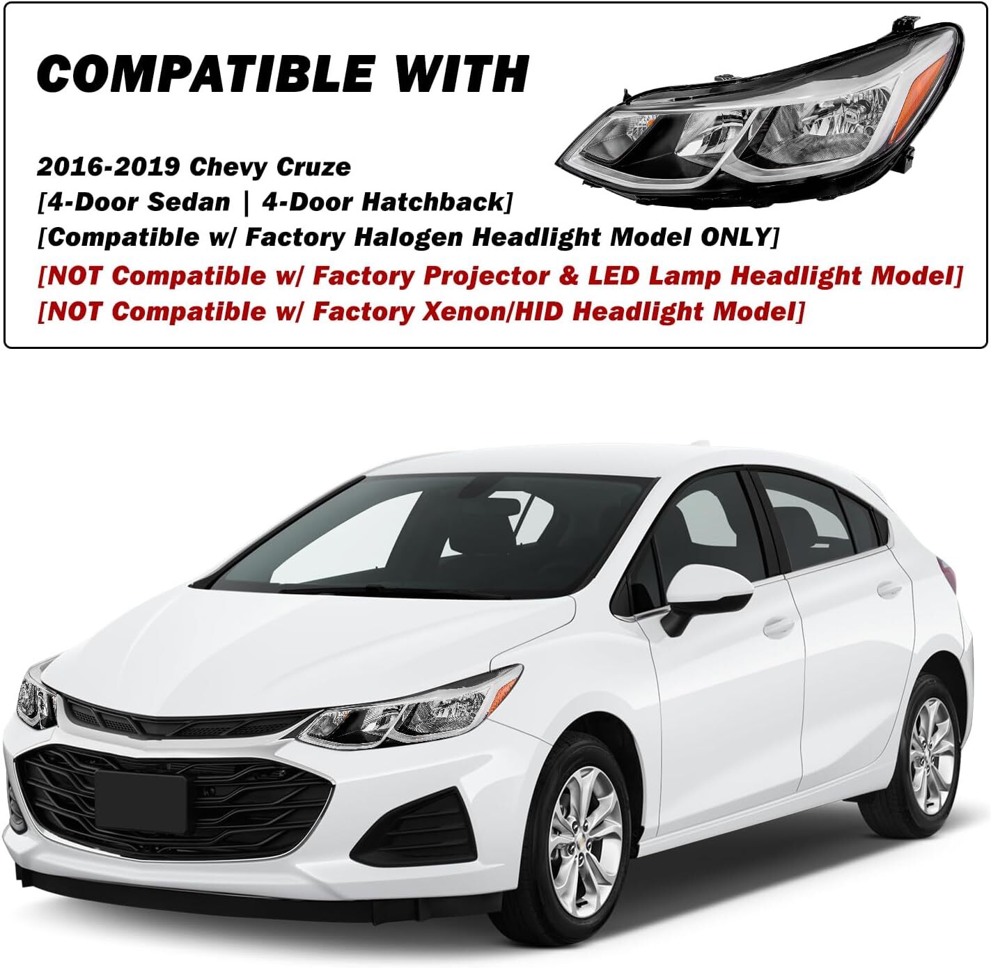 Chrome Headlight Assembly Set For 2016-2019 Chevrolet Chevy Cruze Hatchback 4-Dr