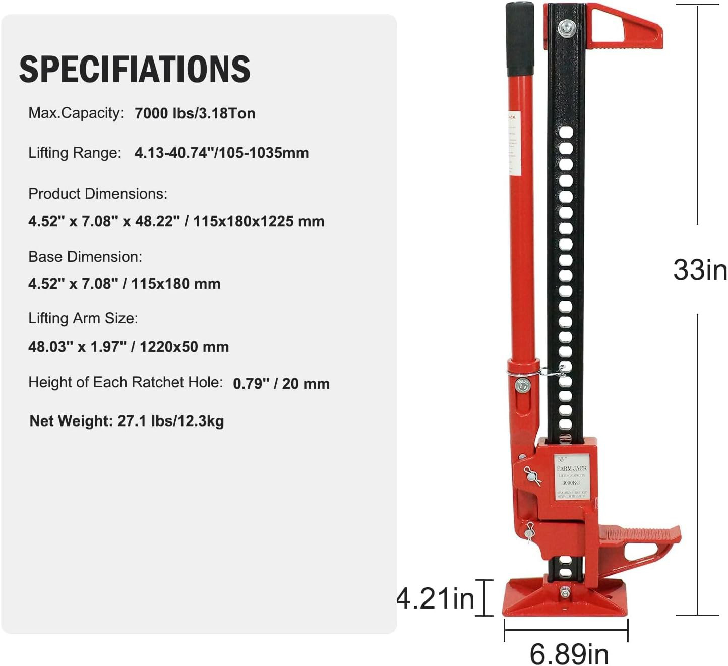 33″/48″/60″ High Lift Farm Jack 6600 LBS Ratcheting Off Road Utility Farm Jack