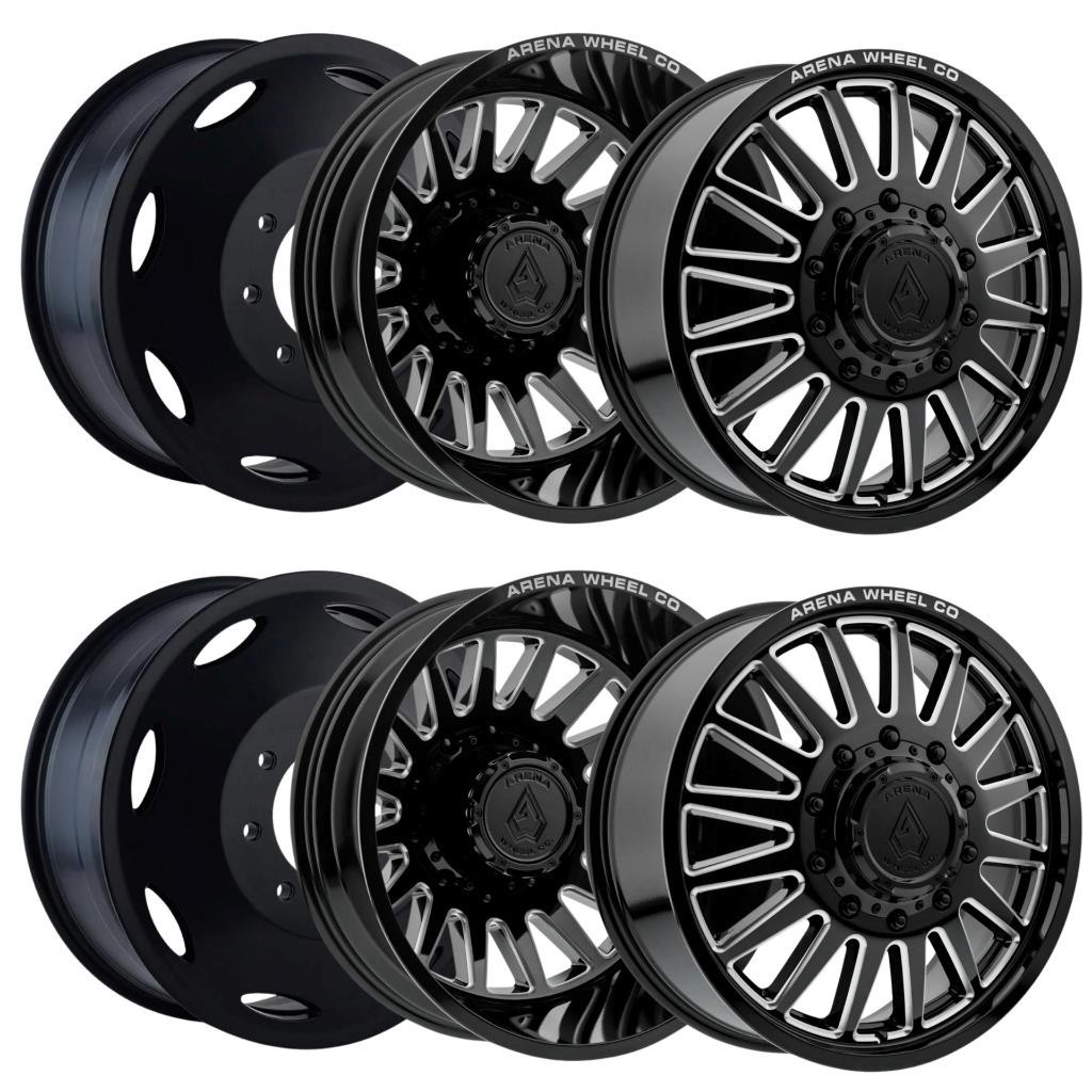 (Set-6) Arena Dually Rival 22×8.25 10×225 105mm Black Milled Wheels Rims 22 Inch
