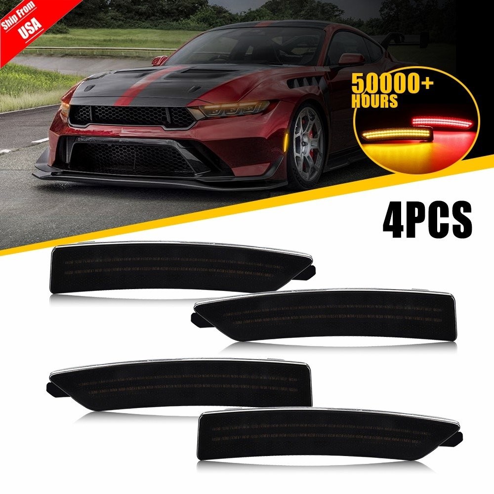 Front Amber & Rear Red LED Side Marker Lights Set of 4 for 2024-25 Ford Mustang