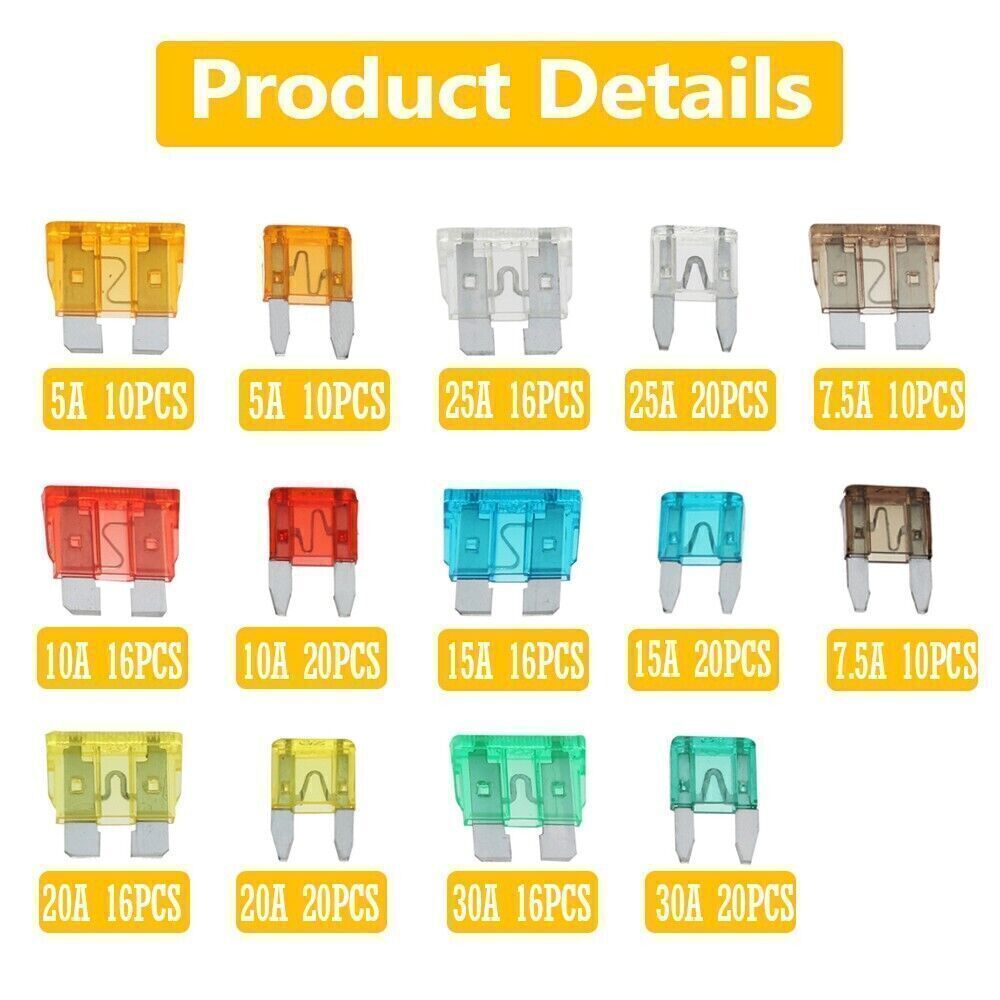Car Fuse Assortment Kit 220pcs Assorted Blade Fuses 5A 7.5A 10A 15A 20A 25A 30A