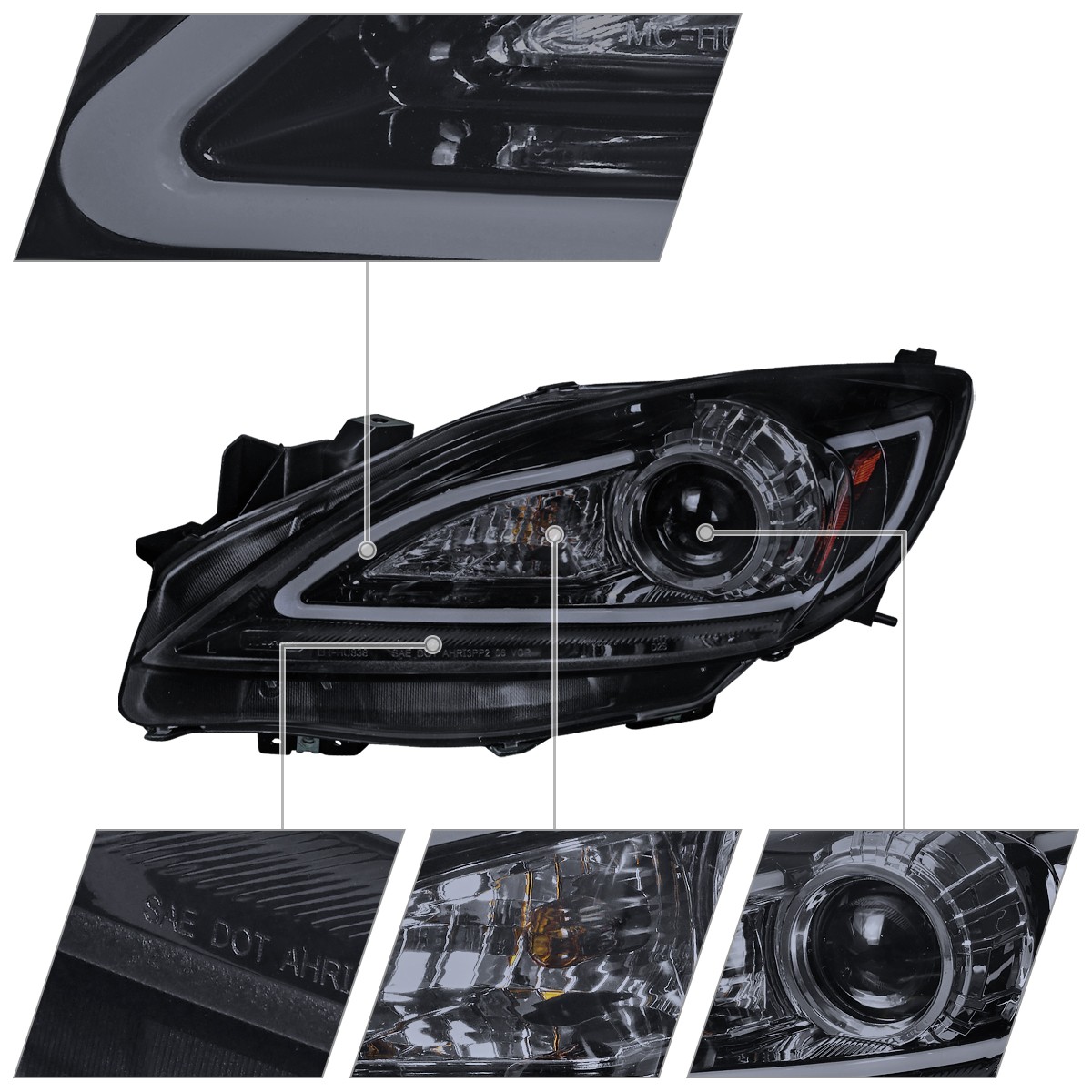 Fits 2010-2013 Mazda 3 Smoke Projector Headlights LED Strip Lamp Pair Left+Right