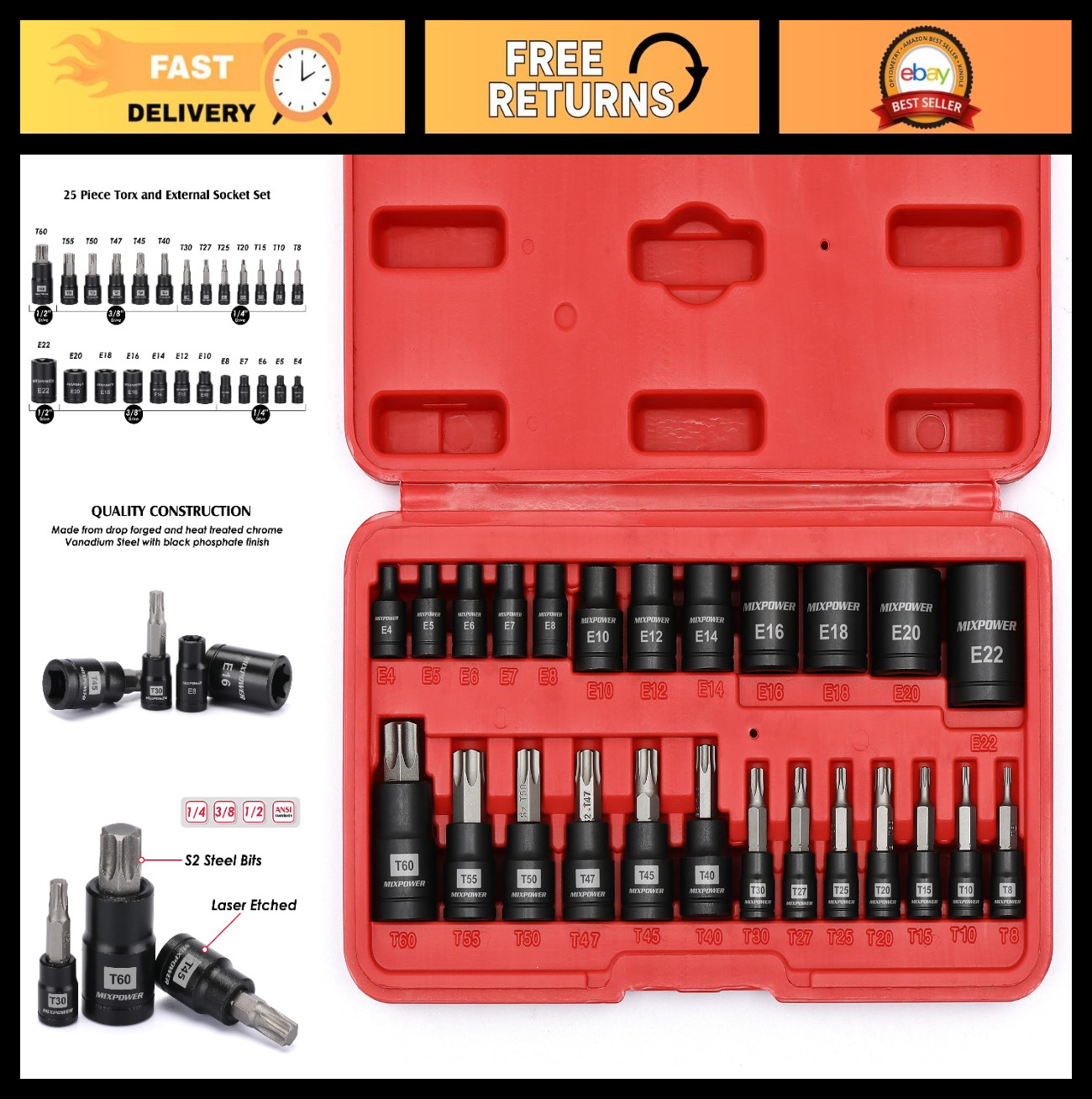 25-Piece Torx Bit & Socket Set, 13 Star Bits (T8-T60), 12 E-Torx Sockets (E4-E22