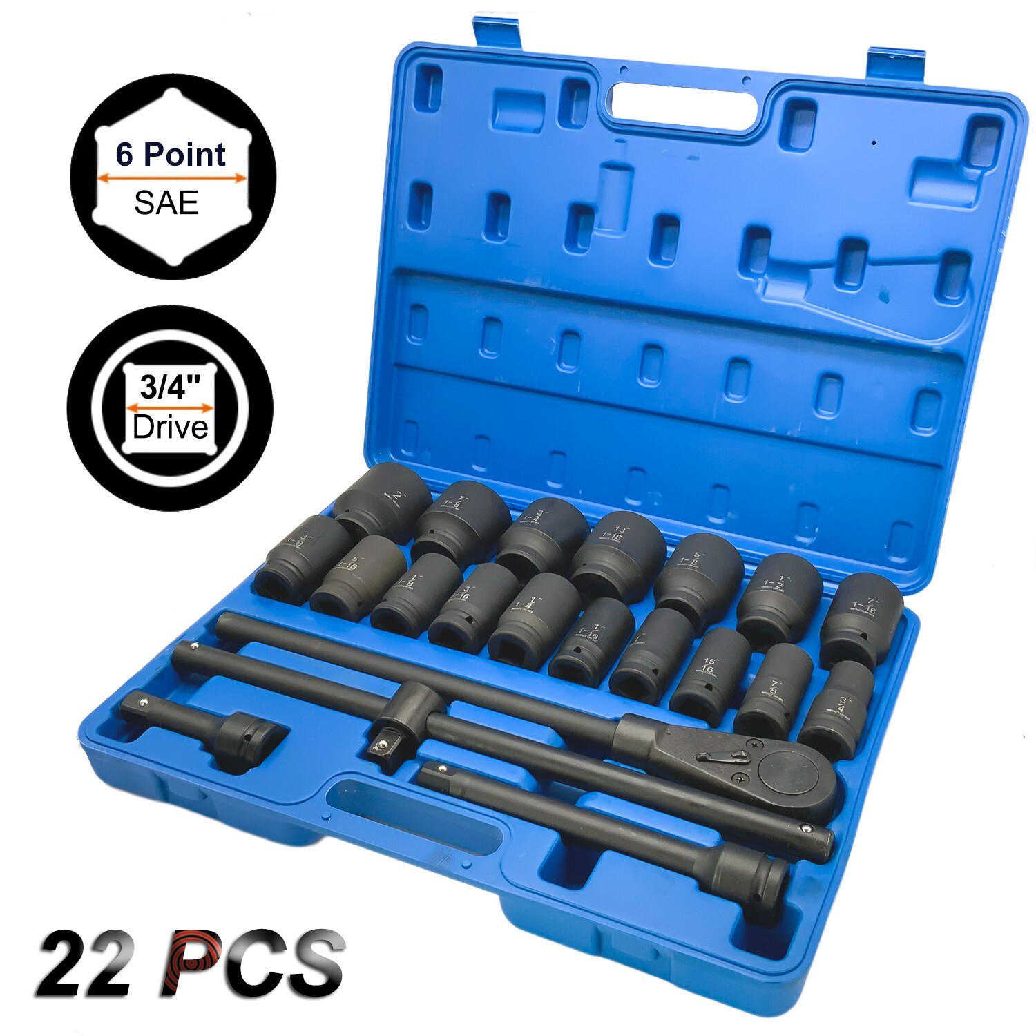 Impact Socket Set 22 PCs 3/4″ Drive 6 Point SAE Master 7/8″ inch-2″ inch&13/16″