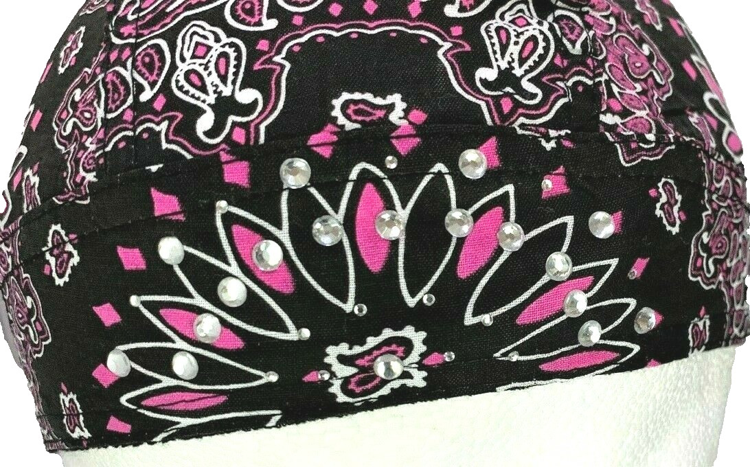 Women’s Purple & Black Paisley Rhinestone Head Wrap Doo Rag Skull Cap Sweatband