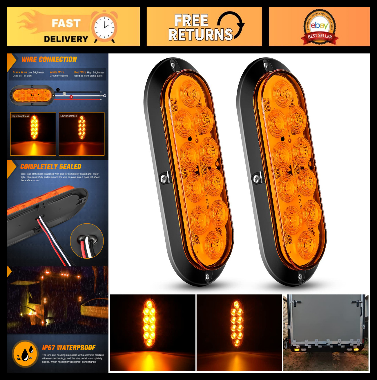 2PCS 6″ LED Trailer Tail Lights, Amber Turn Signal, IP67 Waterproof, Oval Design