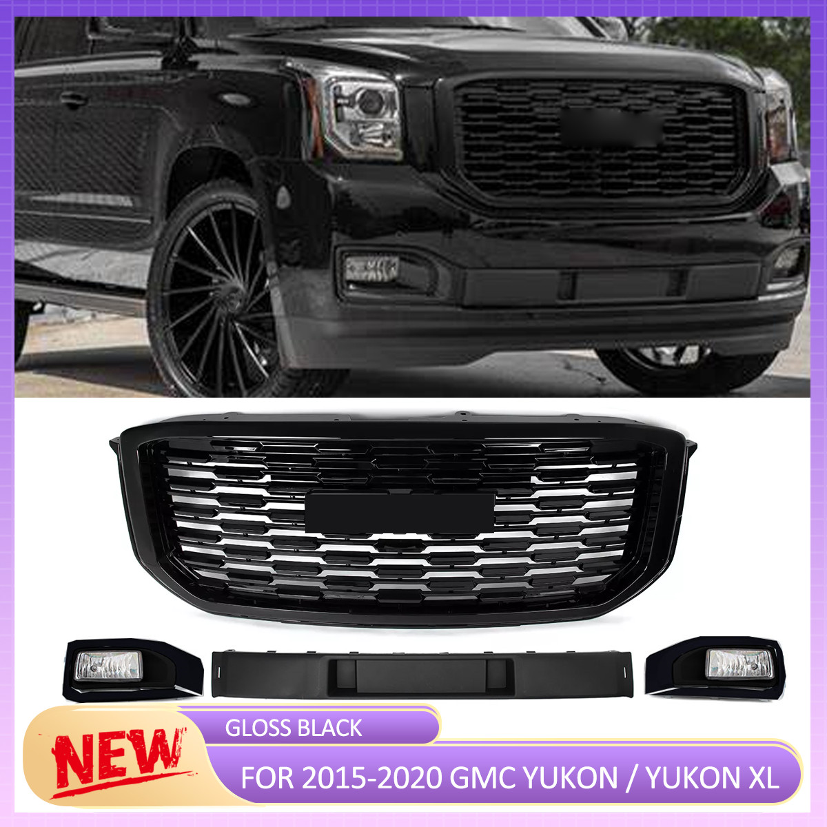 Black Grille | Fog Light | Bumper Lower Cover For 2015-2020 GMC Yukon / Yukon XL