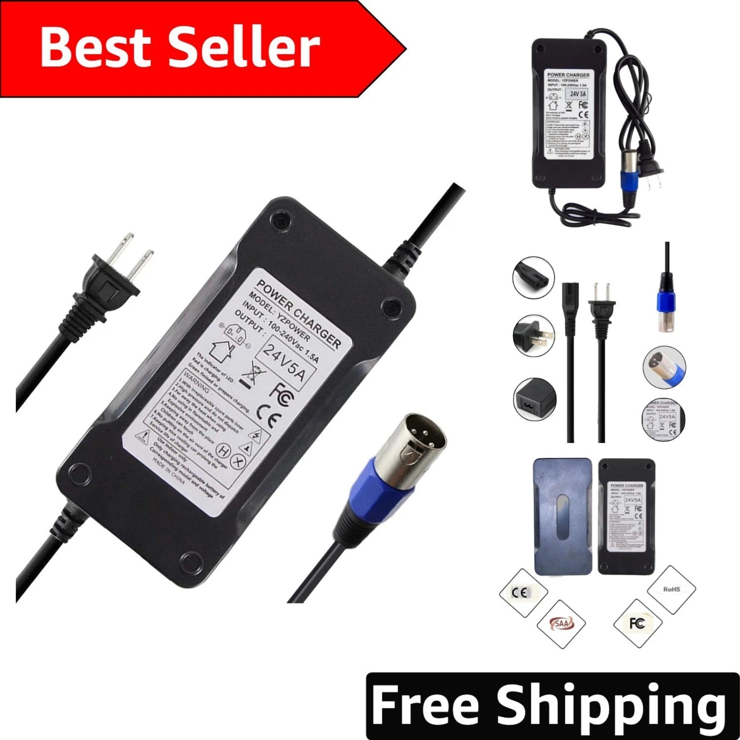 24V 5A Battery Charger with Male 3-Pin XLR – Faster Charge, Compact Design