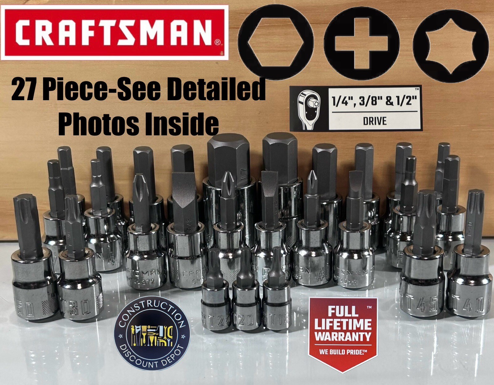 27 Piece Craftsman Tools SAE & Metric Socket Set Torx, Hex, Phillips & Slotted