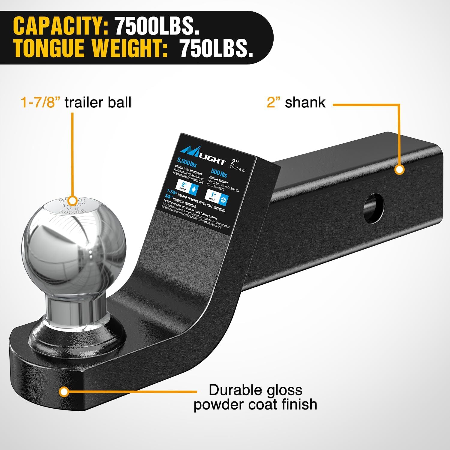 Nilight Fusion Trailer Hitch Mount with 1-7/8 Inch Trailer Ball 2 Inch Drop