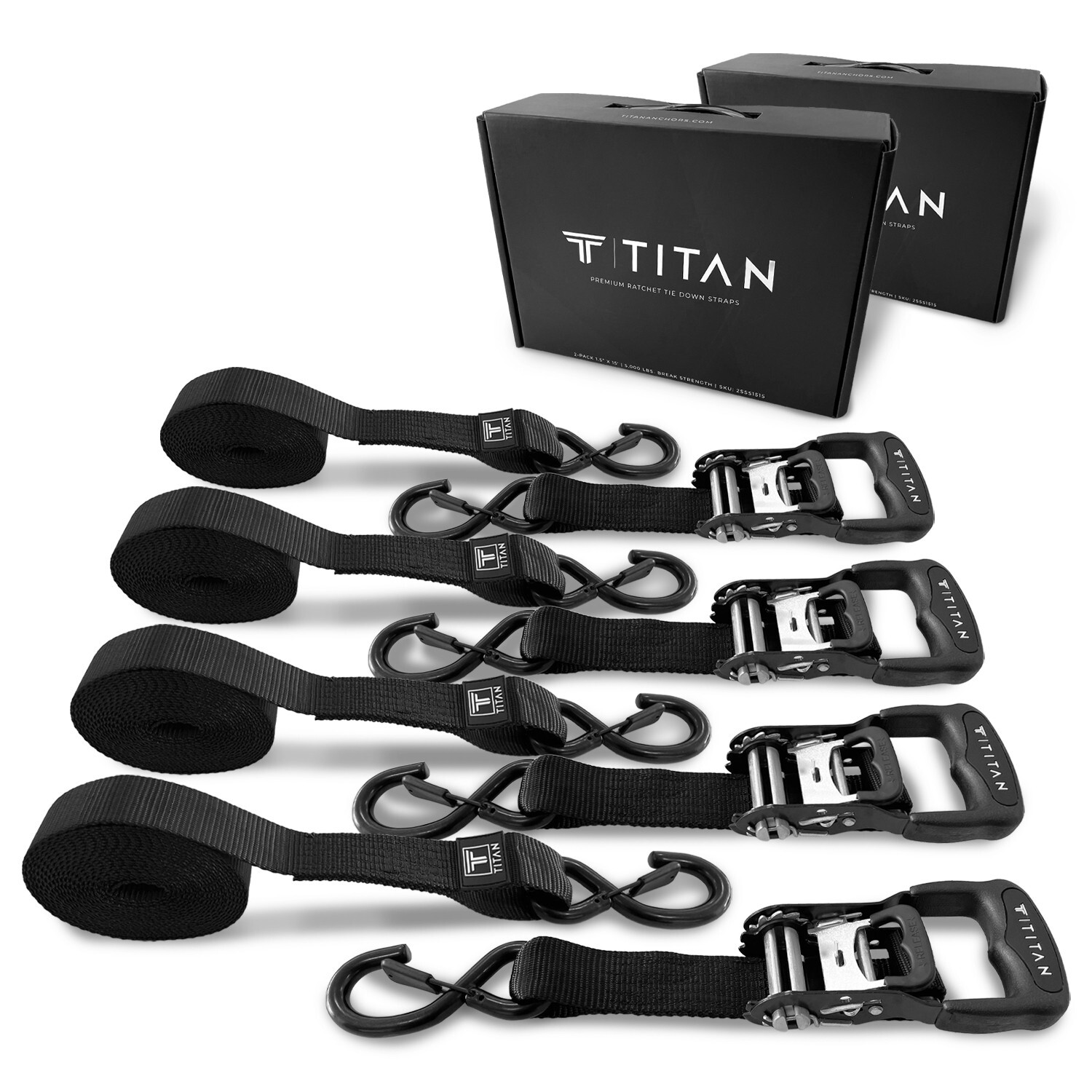 4-Pack Heavy Duty Ratchet Tie Down Straps | 1.5″ x 15′ | 5000 Lbs Break Strength