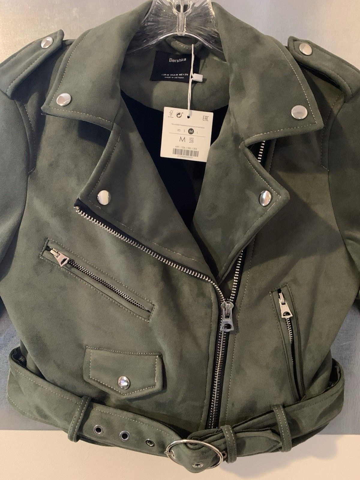 Moto Biker Eco-Suede Leather Jacket Olive Cropped Metallic M NEW w/Tag Bershka