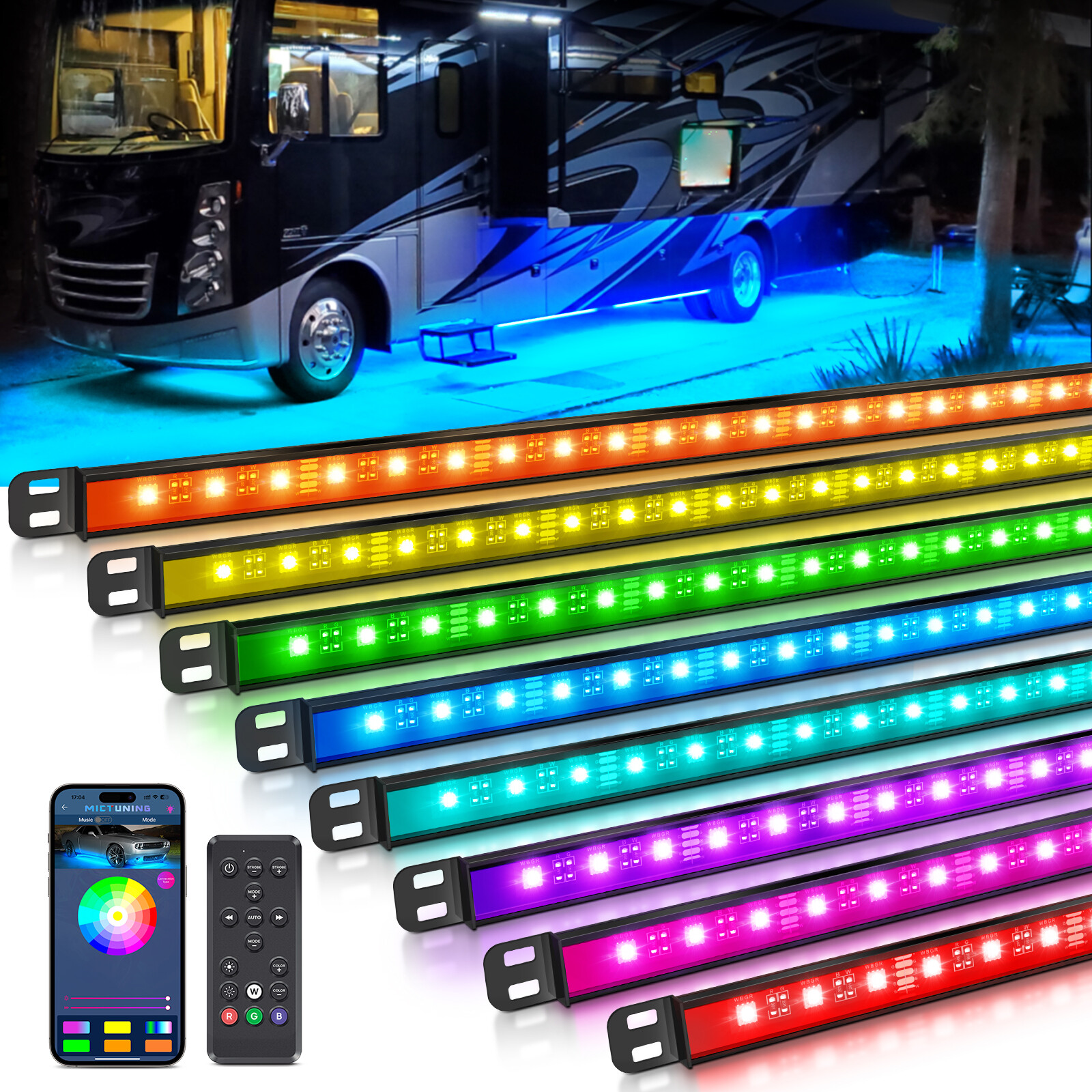 8pcs RGBW LED Light Bar Underbody Neon Light Strip Kit App/Remote Control for RV
