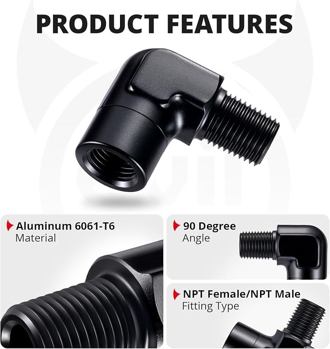 1/4 NPT Female to Male 90 Degree Elbow Fitting Adapter Aluminum Black