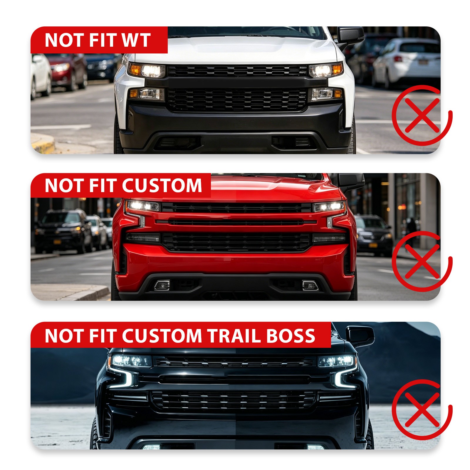 For Chevrolet Silverado 1500 2019-2022 Front Bmuper Grille & Grill Trim Set