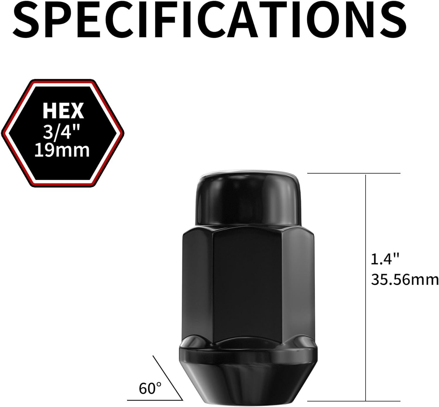 20PCS 1.4inch Black 1/2-20 Closed End Bulge Acorn Lug Nuts 19mm Hex Lug Nut