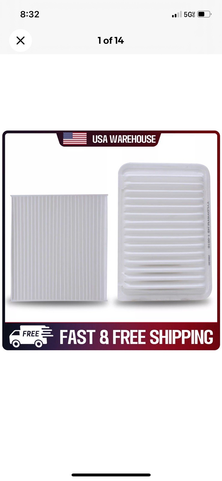 COMBO SET ENGINE & CABIN AIR FILTER FOR TOYOTA CAMRY 2.5L 2.4L ENGINE 2007-2017.