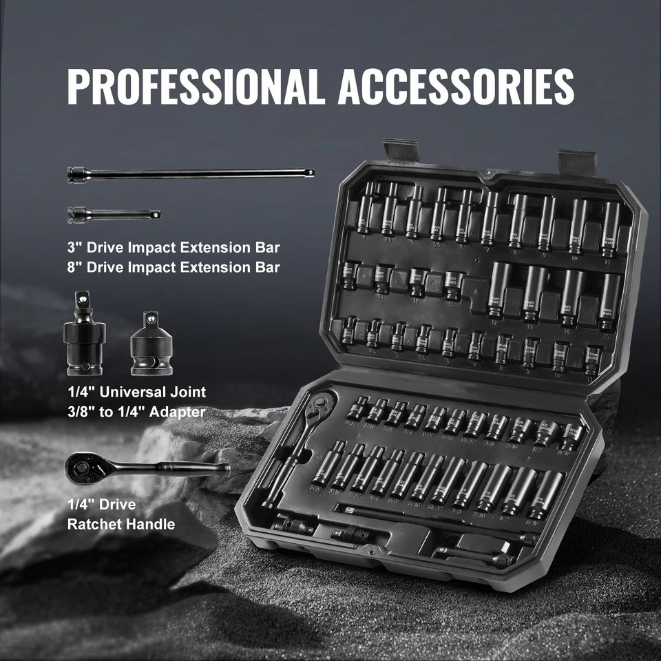 Impact Sockets Set 55pcs 6-Point 1/4″ Drive Bit Ratchet Tool Kit Case