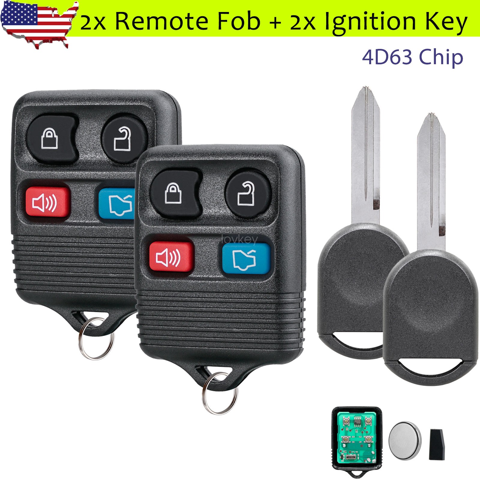 2 Replacement For 2003-2010 Lincoln Town Car Navigator Remote Fob + Ignition Key