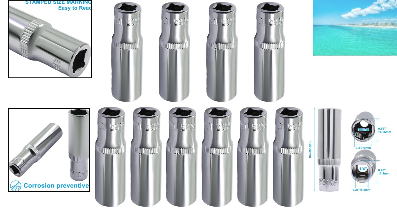 10 Pcs 1/4 Inch Drive 10mm Deep Socket Set – Chrome Vanadium Steel Excellence