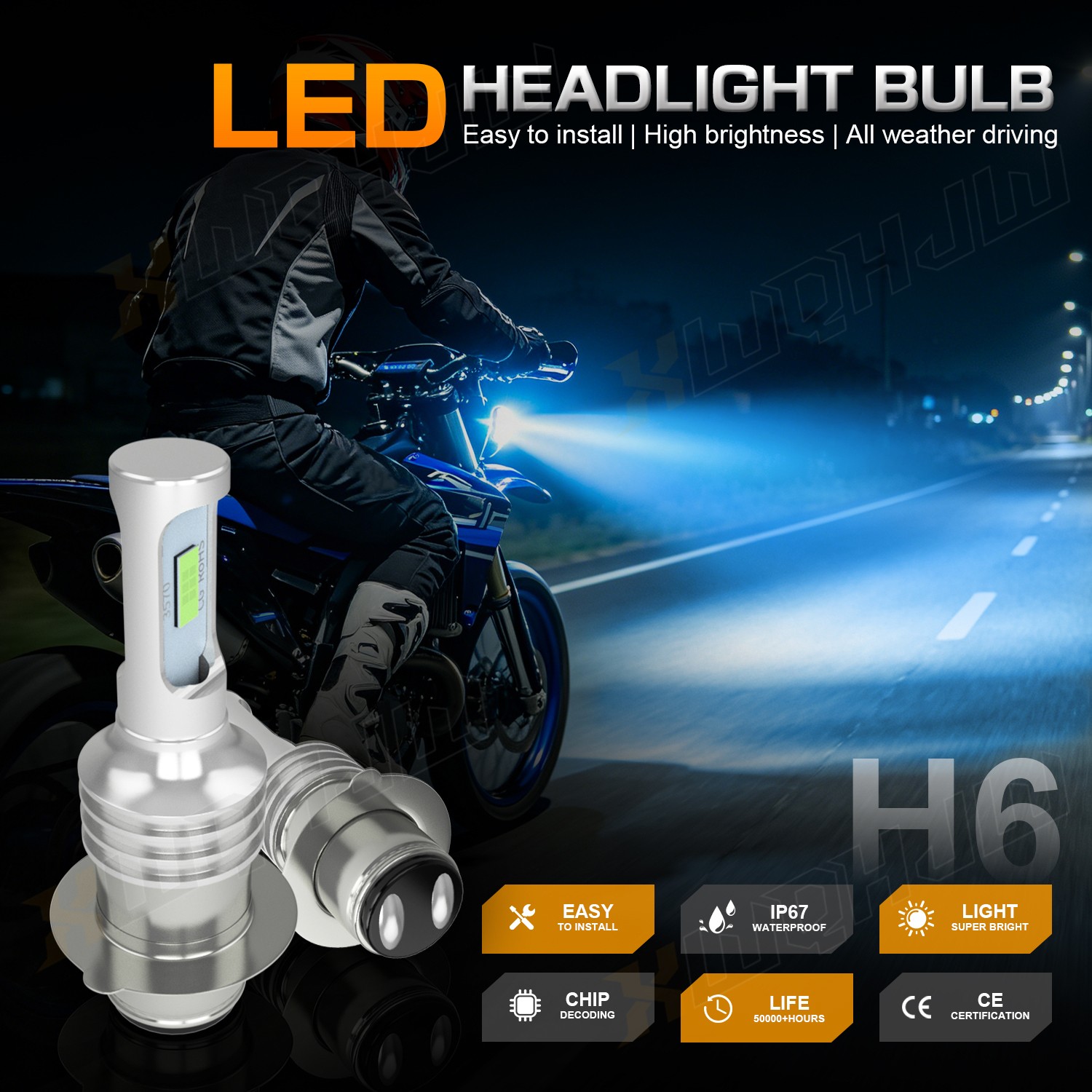 For Yamaha Rhino 450 660 700 Super Blue 100W H6M LED Headlight Bulbs 2X 8000K