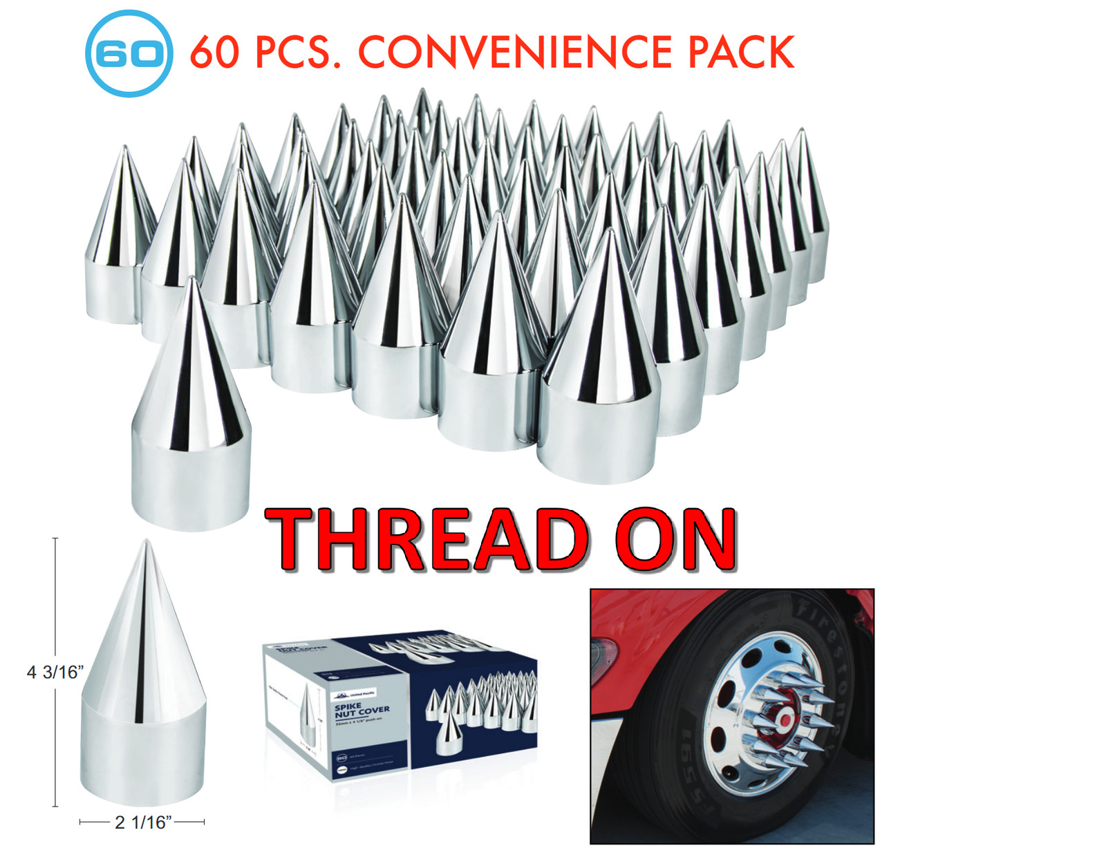 (Set/60) Chrome Spike Lug Nut Covers 33mm Thread-On (4-1/8″ Long) 60-Pack