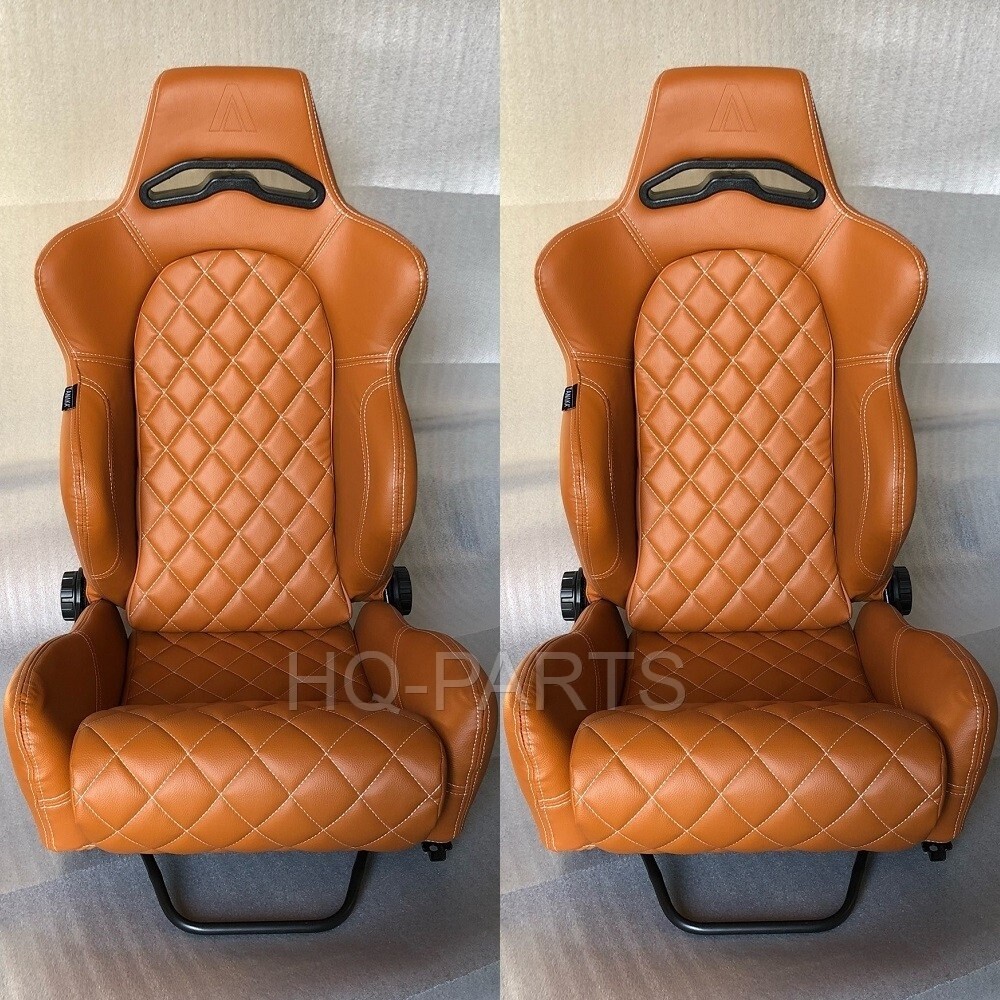 2 X TANAKA TAN PVC LEATHER RACING SEATS RECLINABLE + DIAMOND STITCH FITS CAMARO