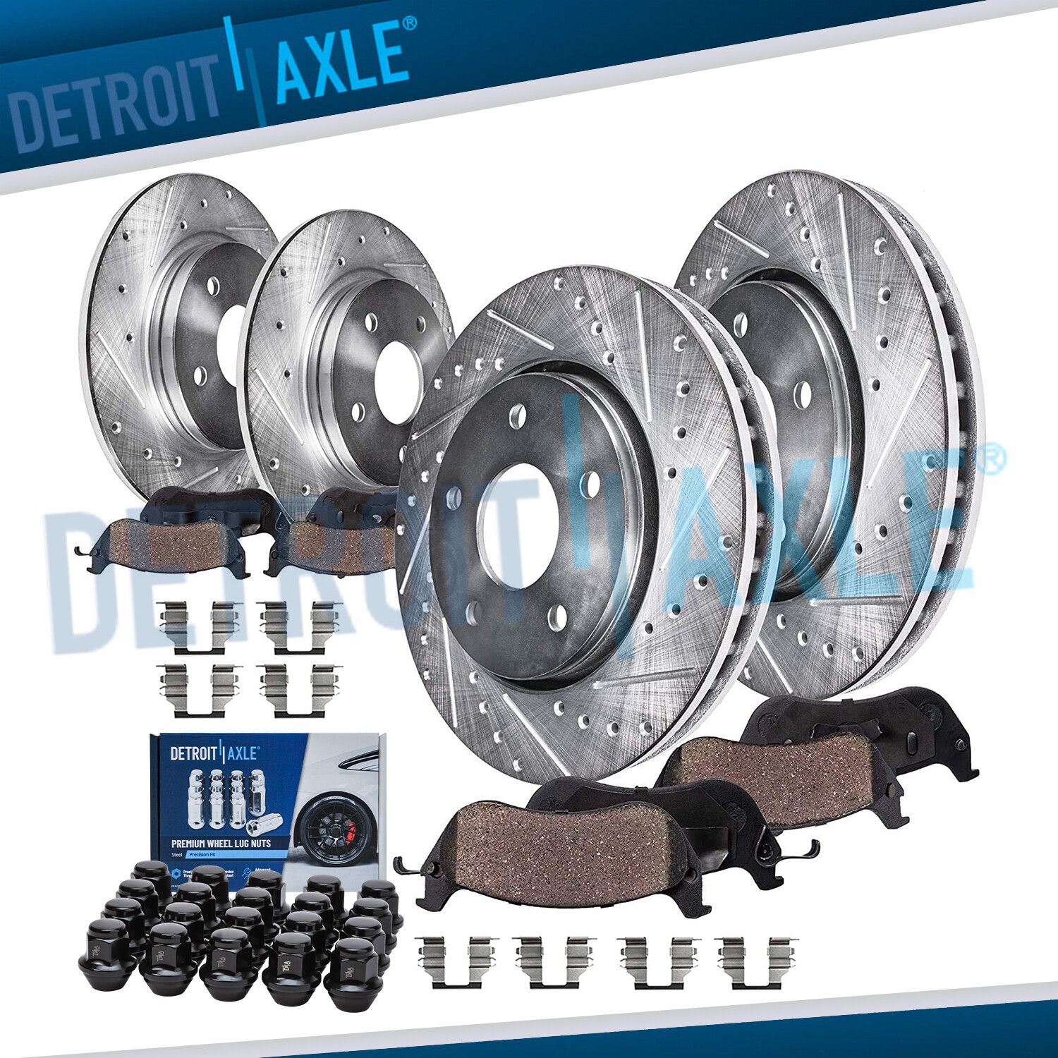 Front & Rear Drilled Rotor Brake Pad w/20pc Wheel Lug Nut for Fusion Lincoln MKZ