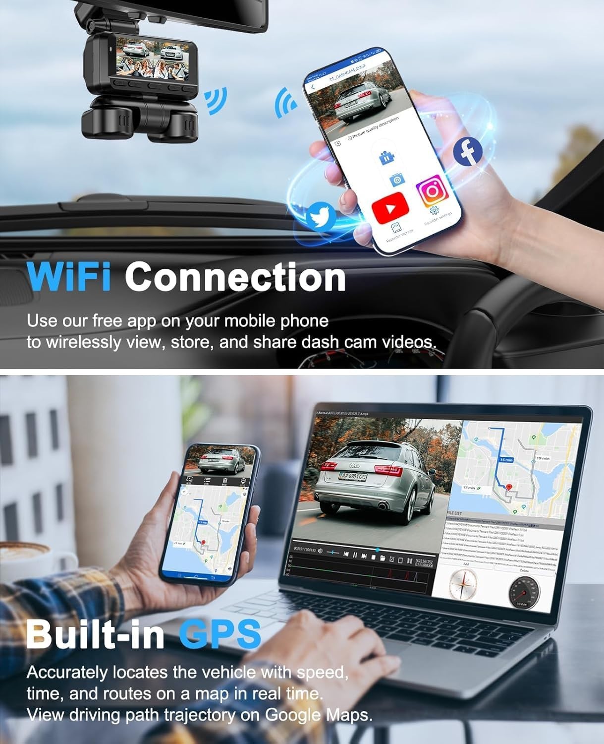 Dash Camera 4K Front & Rear & Inside Motion Detection Dash Cam Built-In WiFi GPS
