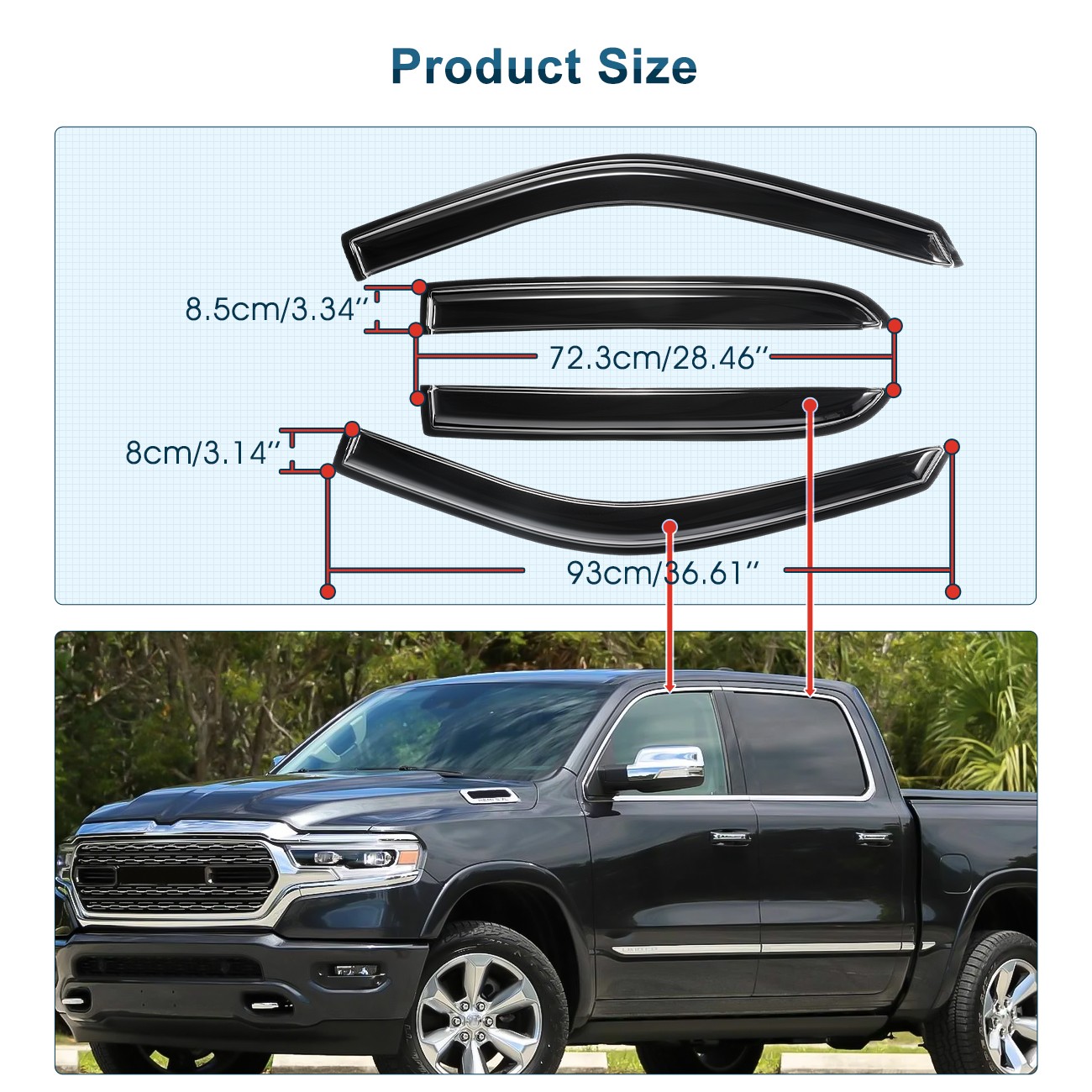 For 2009-2018 Dodge Ram 1500 Crew Cab Window Visor Vent Rain Guards Tape-on
