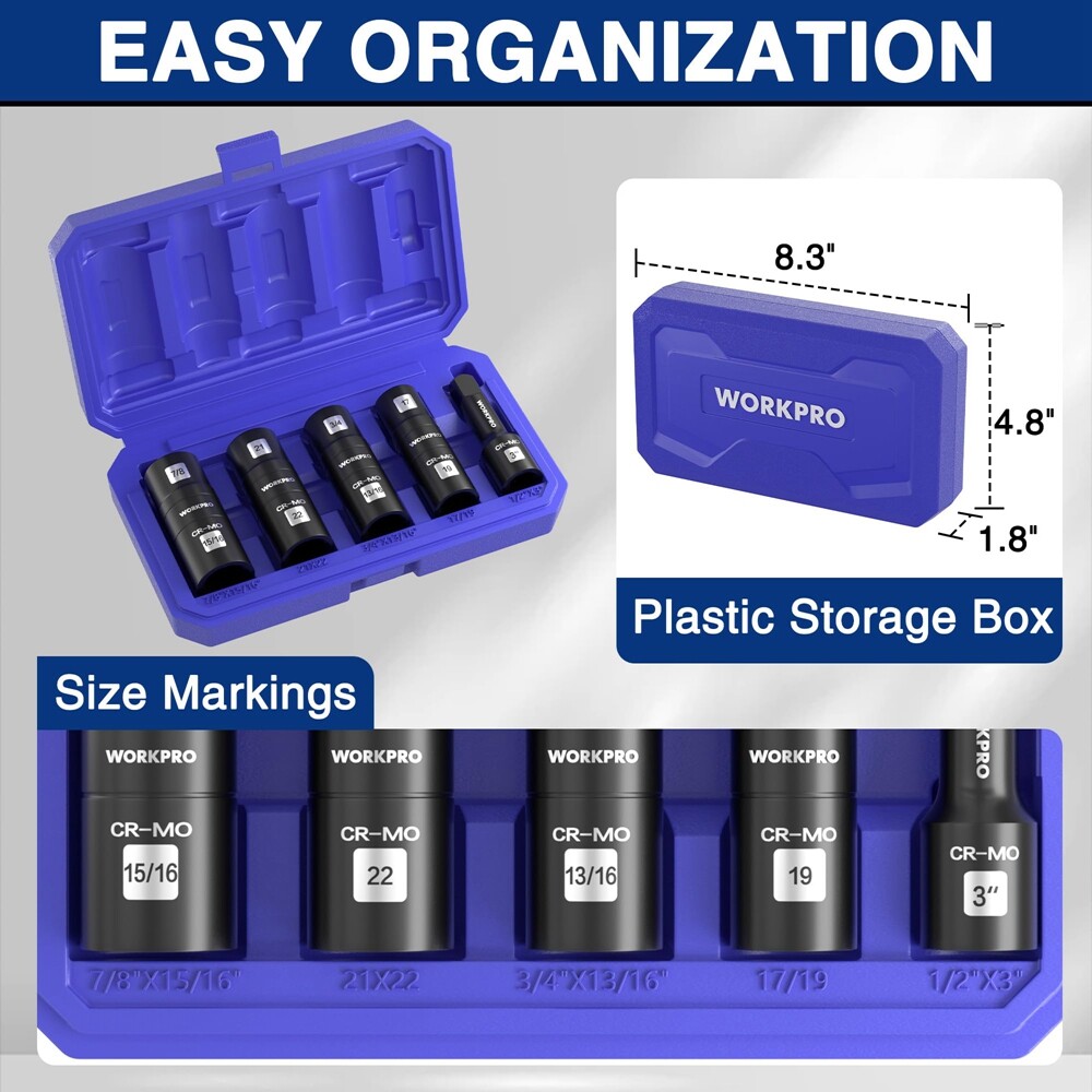 WORKPRO 5PC 1/2″ Dr Impact Socket Set Lug Nut Wheel 3″ Extension Bar Flip Socket