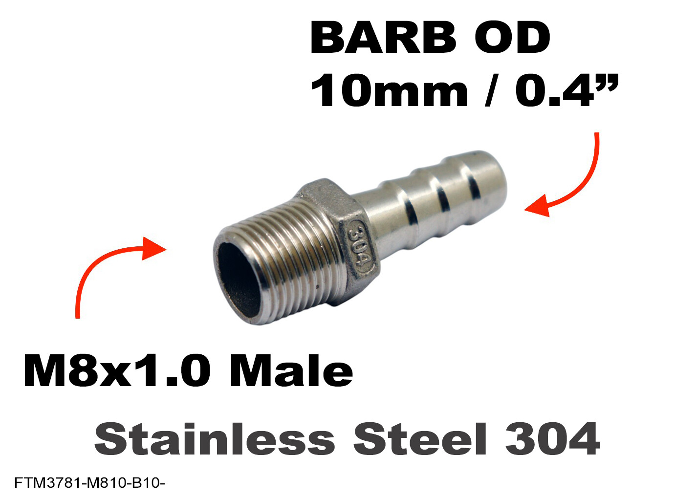 M8x1.0 Male to BARB OD 10mm / 0.4″ Stainless Tail Adaptor Hose Connector