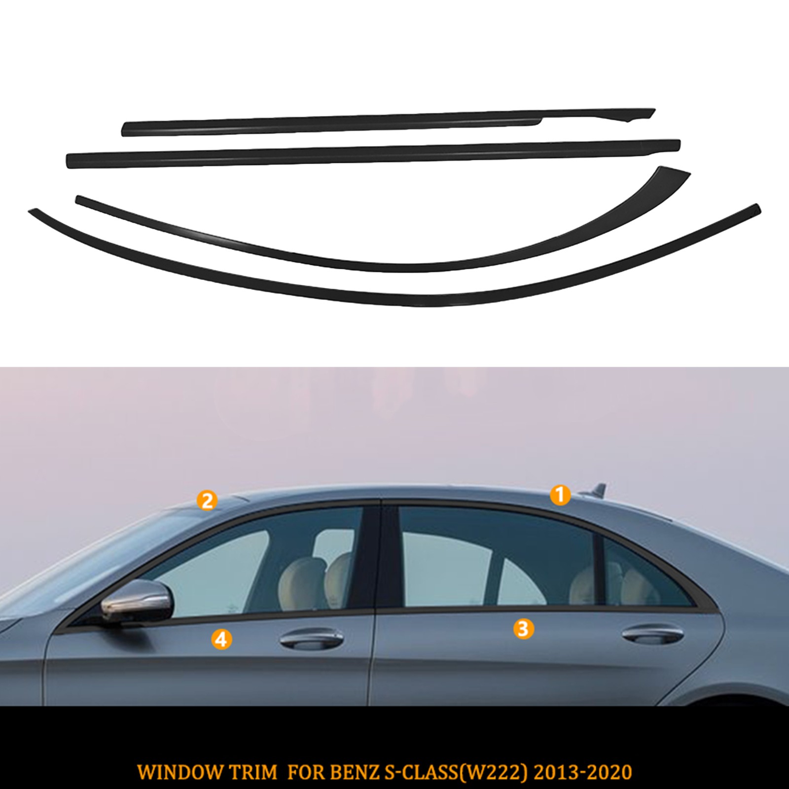 Gloss Black Window Strip Trim For Mercedes Benz S-Class V222 2013-2022 2014
