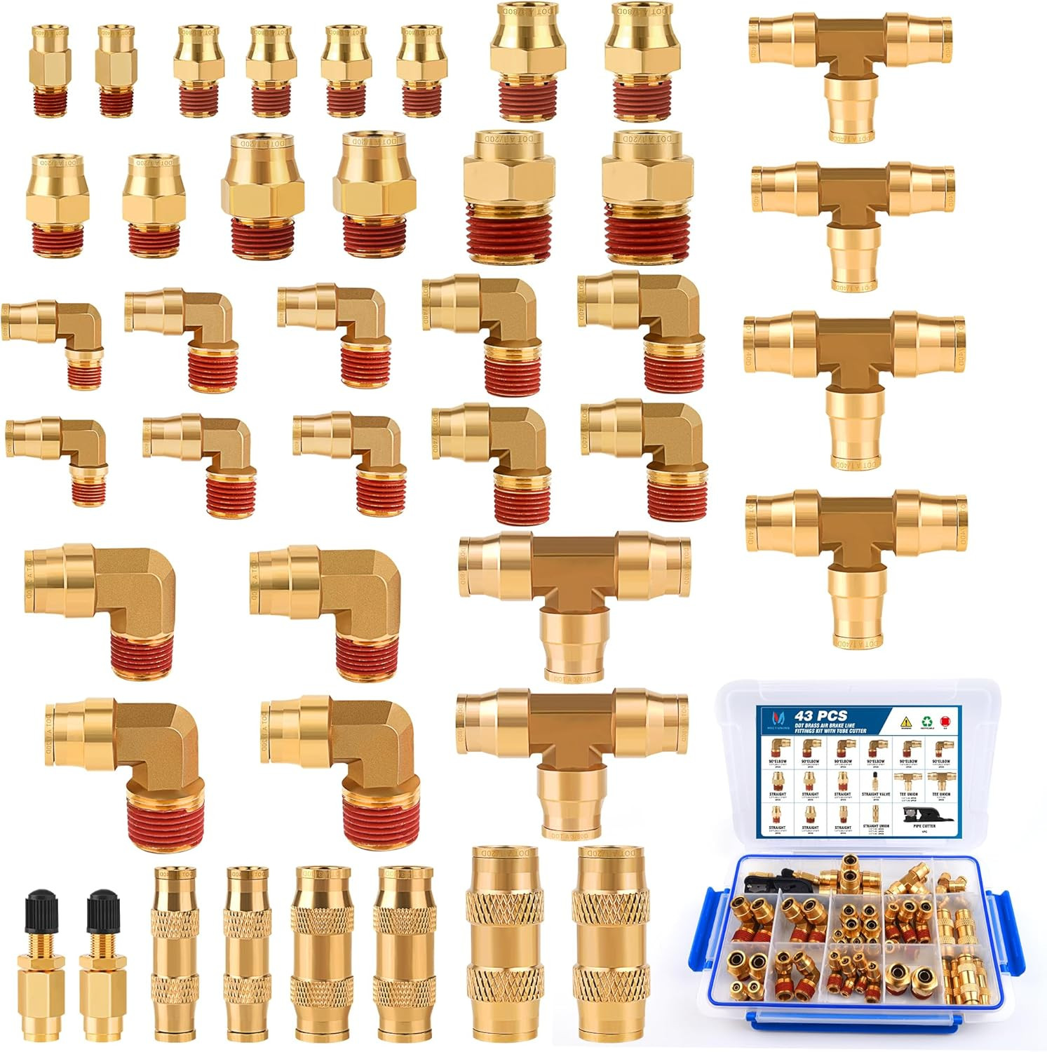 MICTUNING 43 PCS Brass DOT Air Brake Line Fittings Assortment Kit,1/4″ 3/8″ 1/2″