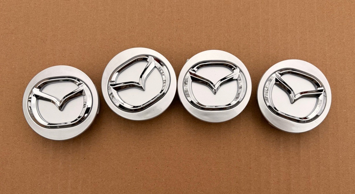 SET OF 4 MAZDA Silver CENTER WHEEL CAPS CHROME EMBLEM 56MM HUB CAP LOGO