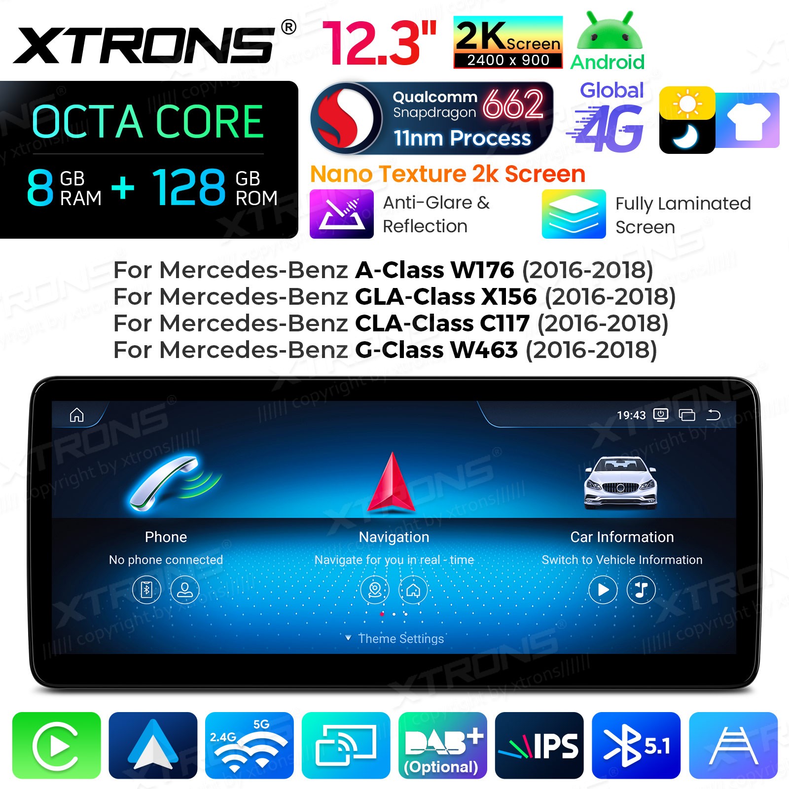 Car GPS CarPlay Android Auto for Mercedes Head Unit 12.3″ 2K Nano Screen 4G 128G