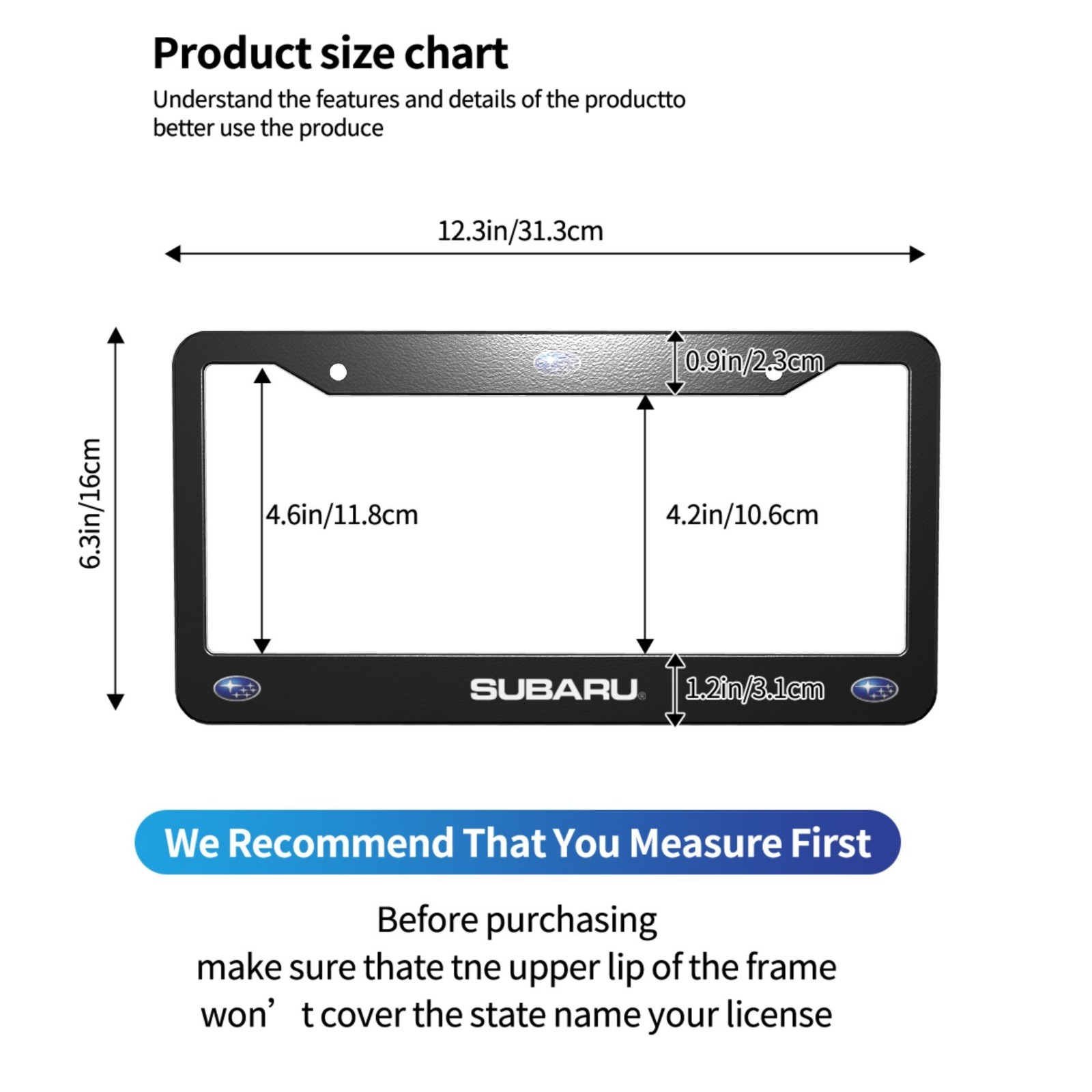 Subaru 2 Pack Stainless Steel Rust-Proof License Plate Frame Holder Black
