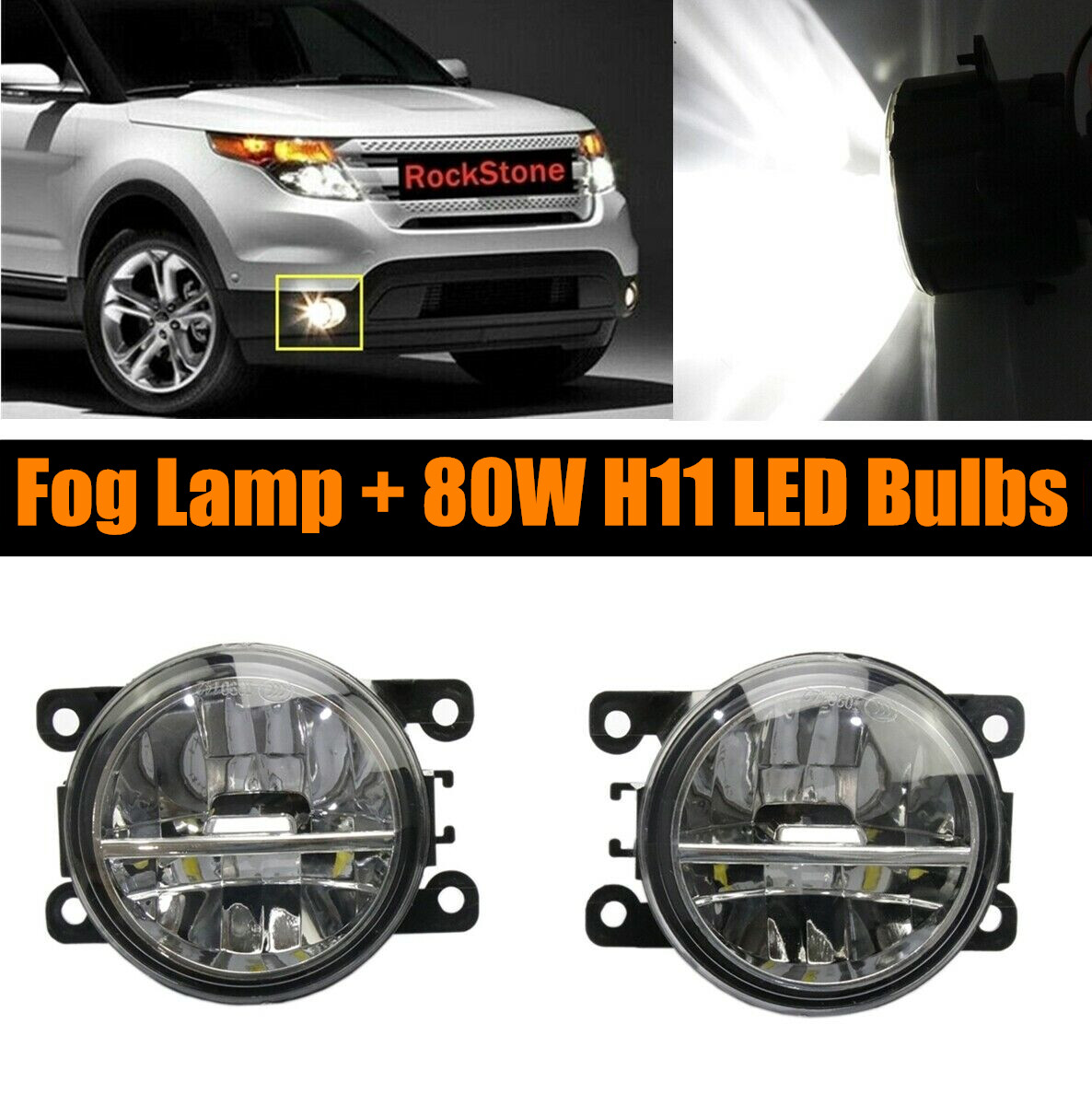 Pair of Fog Light Driving Lamp + 80W H11 LED Bulbs Right + Left Side PC Lens