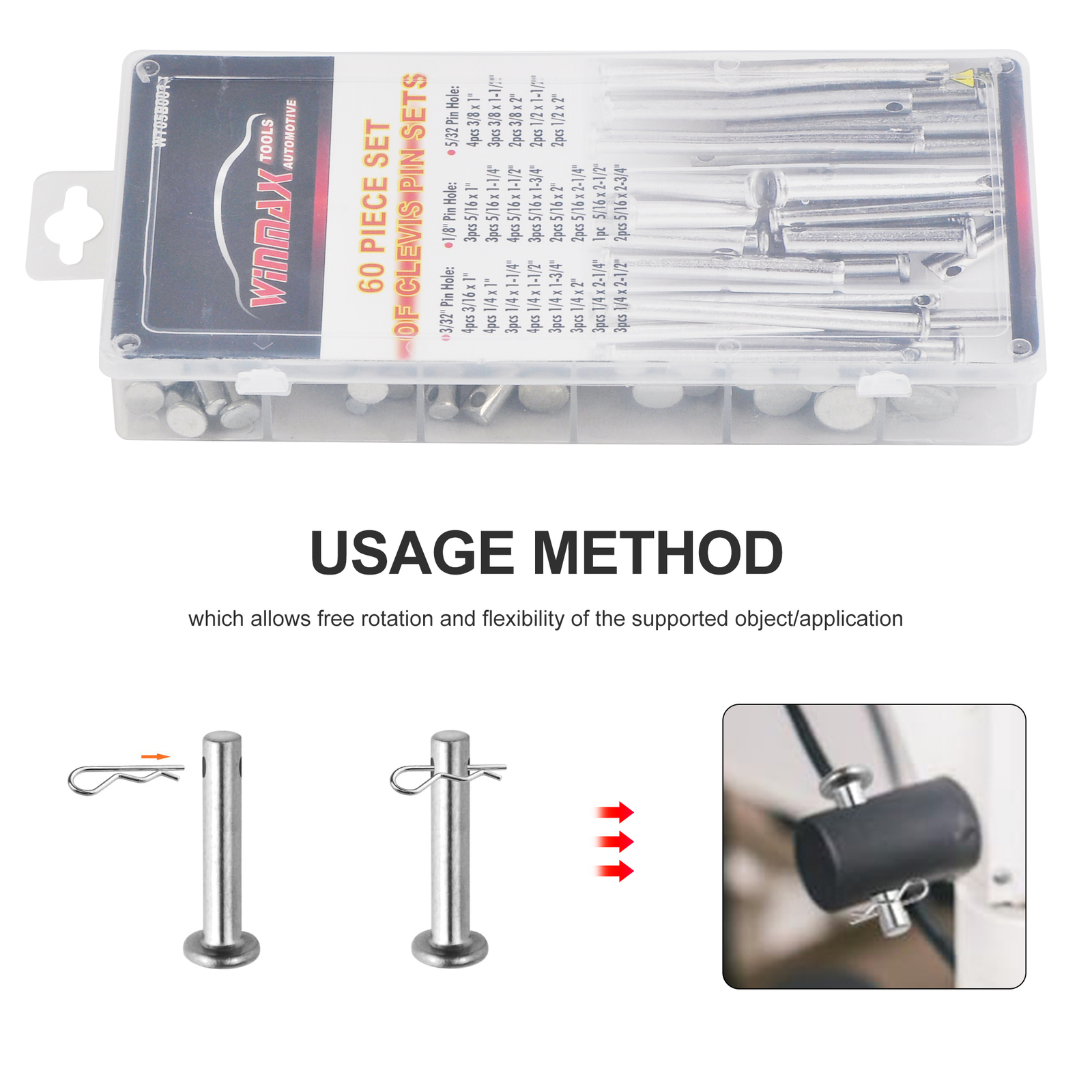 60pc Clevis Pin Assortment Tool Set, 3/32″ 1/8″,5/32″ Pin Hole For Car/ Tractors