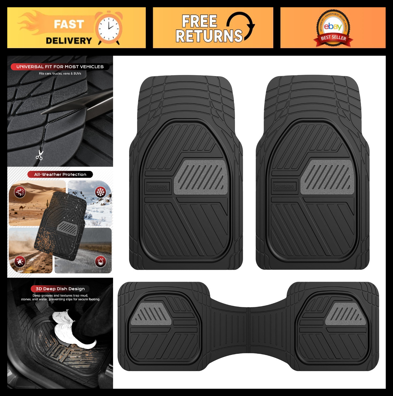 Heavy Duty Rubber Car Mats Full Set, All Weather Waterproof, Universal Fit for C