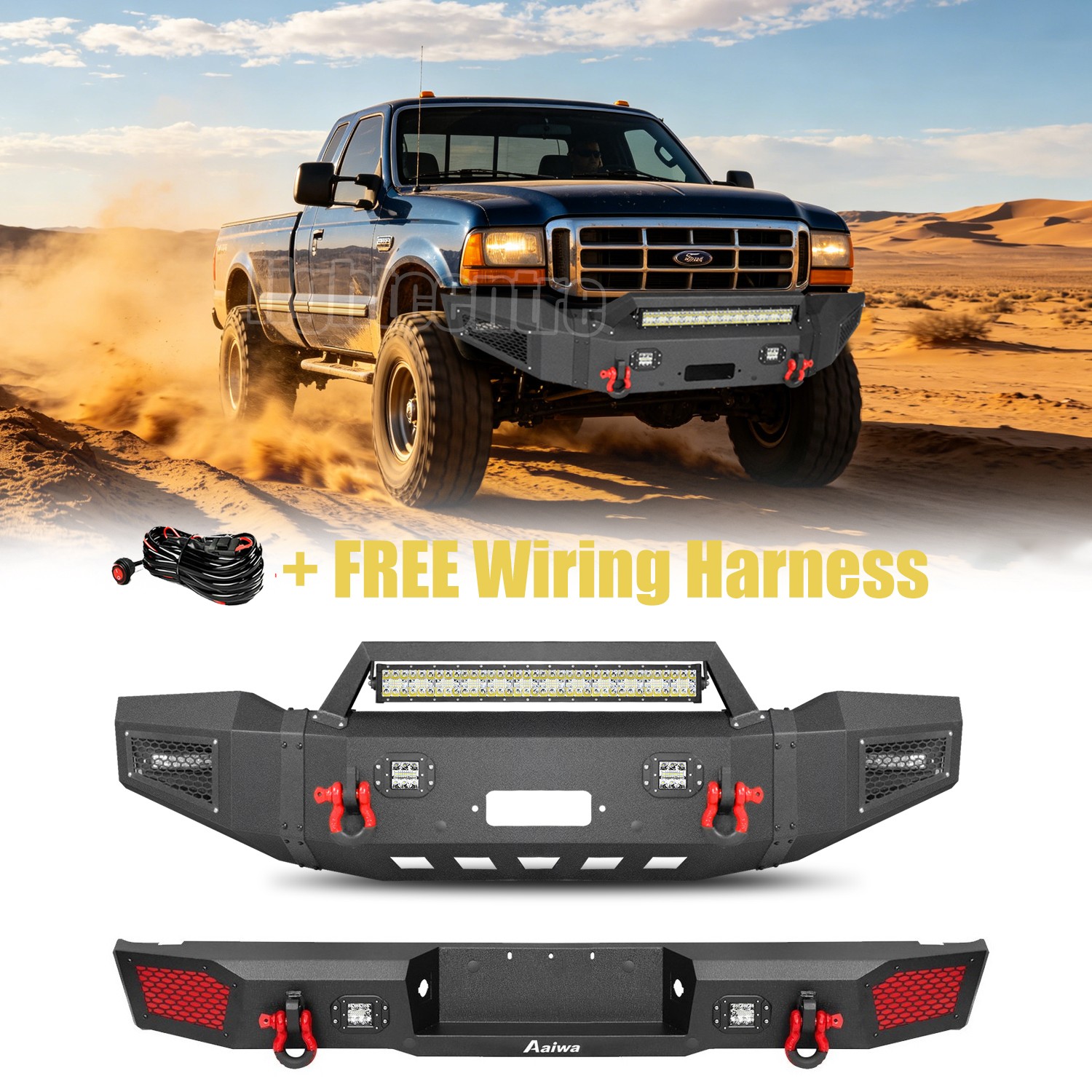 Aaiwa For 1999-2004 Ford F250 F350 Front and Rear Bumper with LED Lights