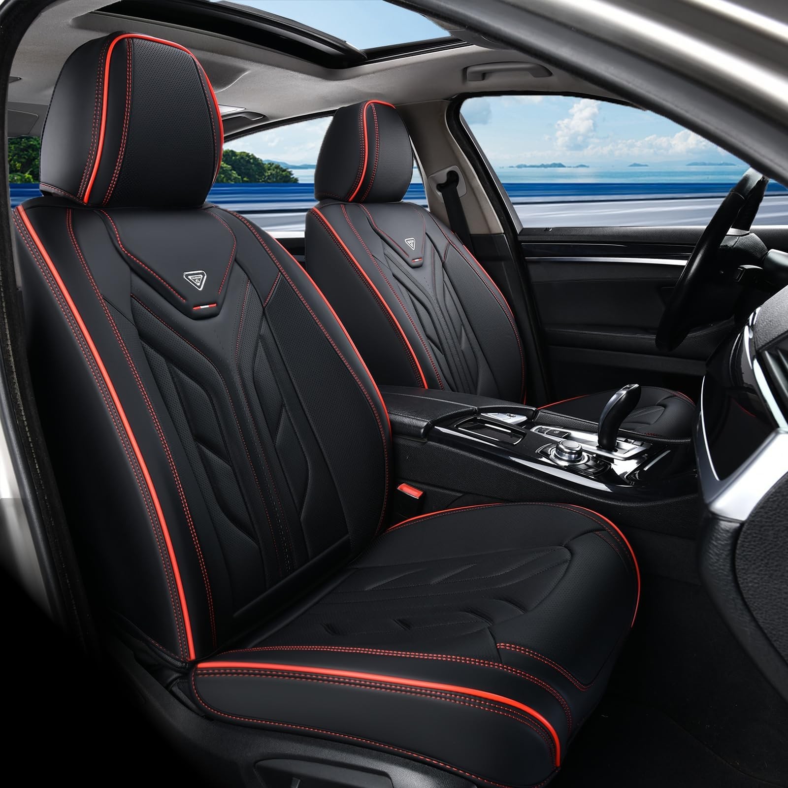 Coverado 2Pcs Leather Front Car Seat Covers Black & Red for Sedans SUVs