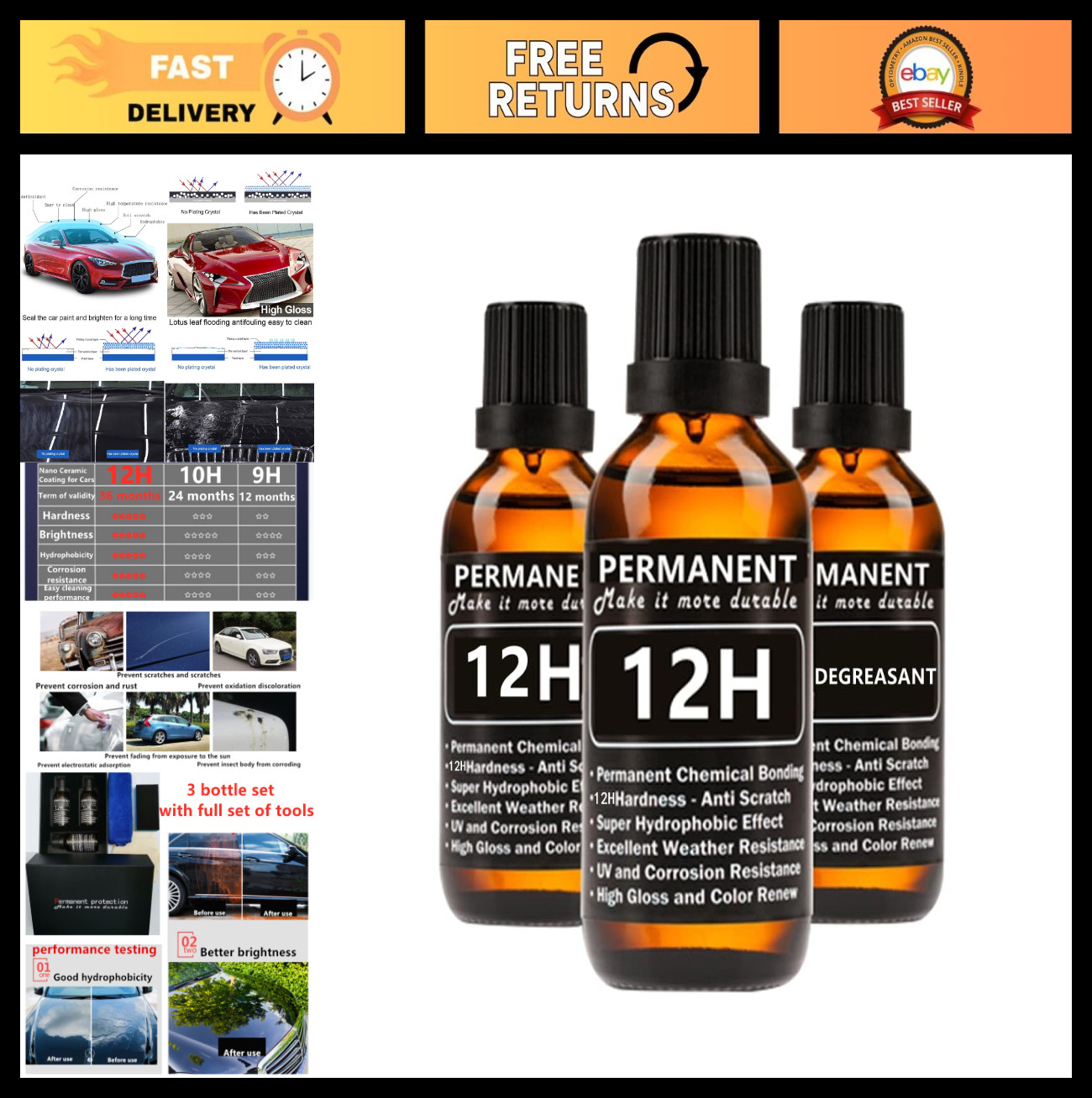 12H Nano Ceramic Coating Kit – 3 Bottles, High Gloss, Hydrophobic, UV Protection